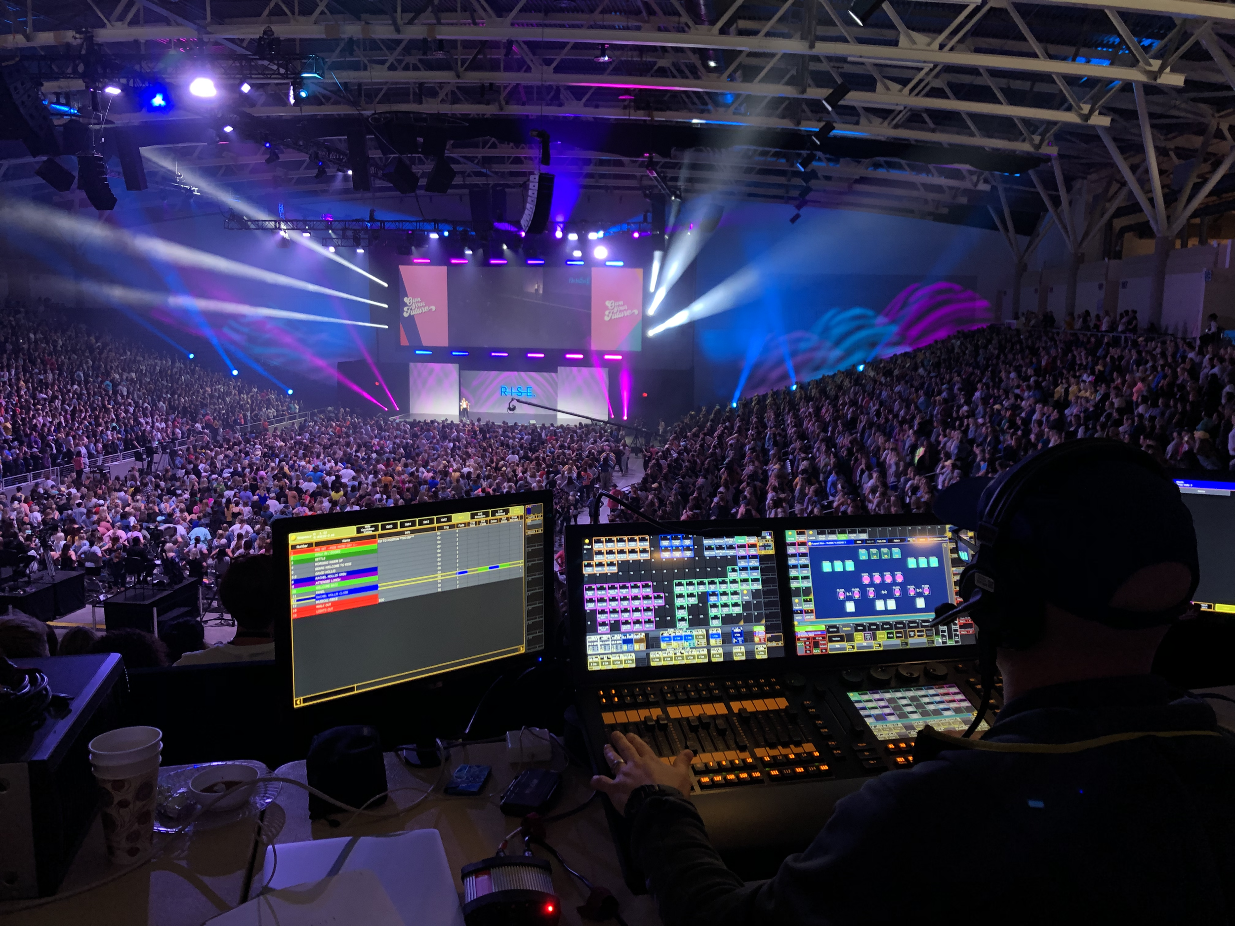 Large-scale live event with a full audience and production control operation, demonstrating flexible event production capabilities at scale.