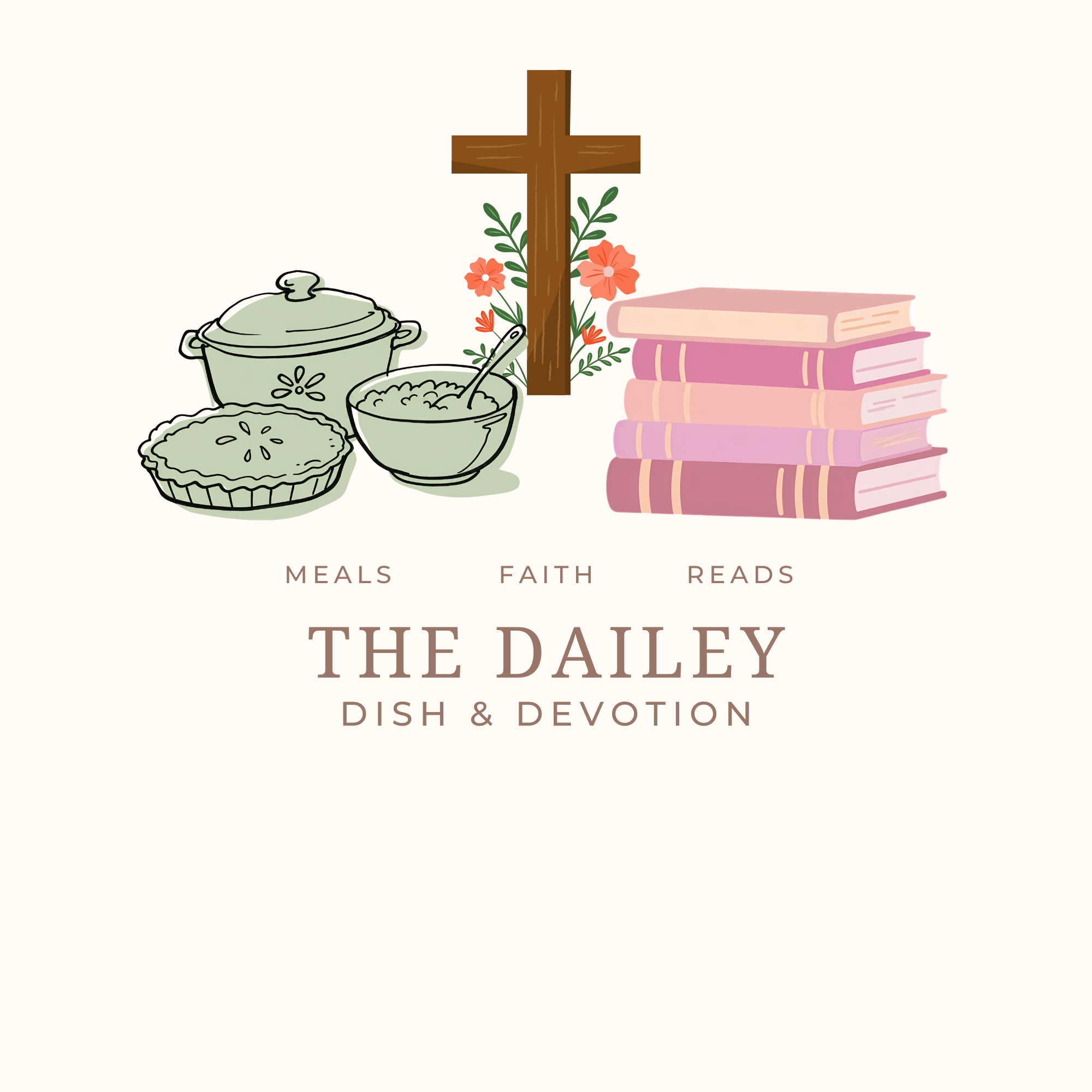 Illustration of religious items including a wooden cross, a stack of pink and beige books, a bowl of food, and a covered dish with flowers and greenery.
