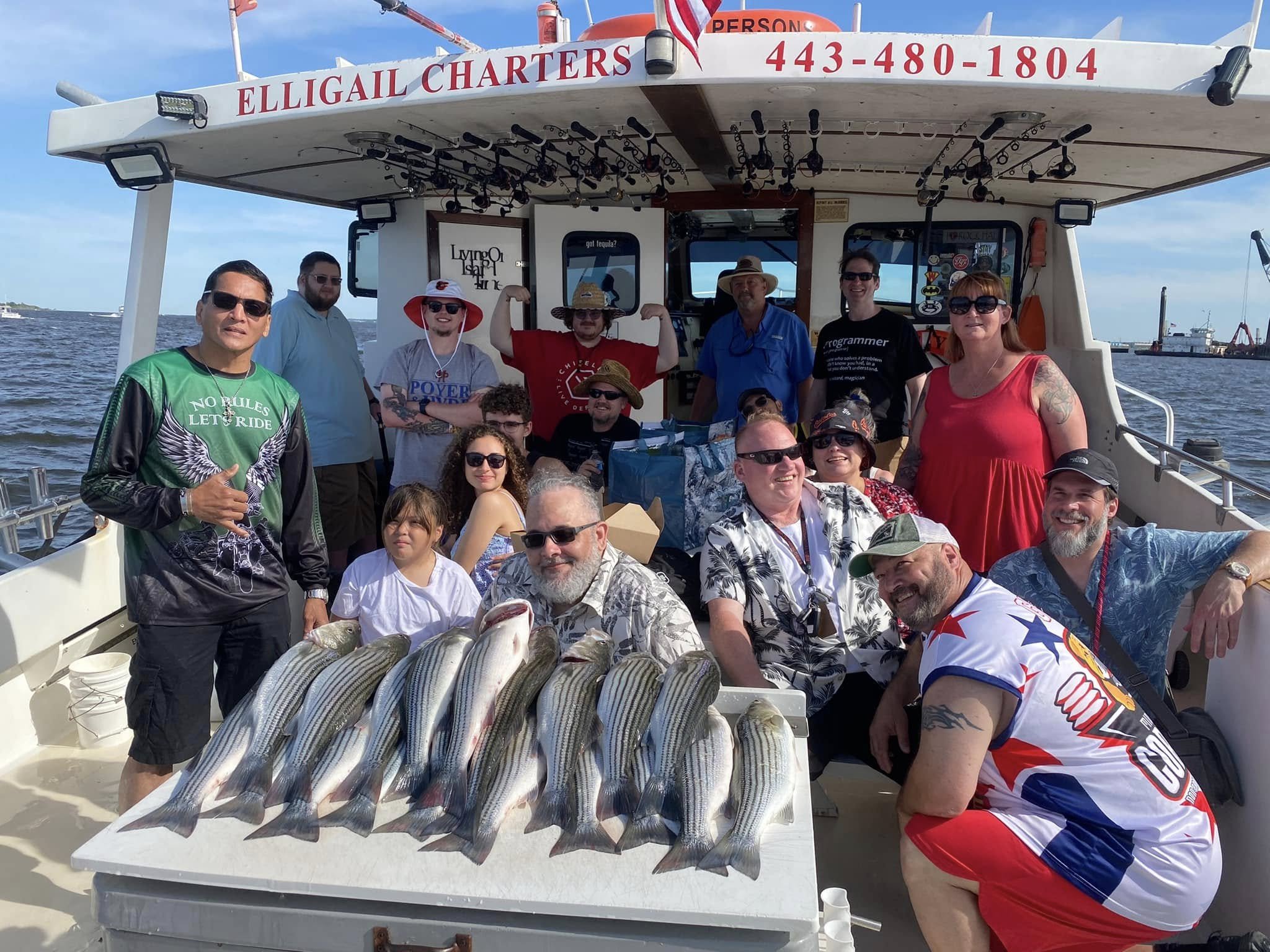 Group displaying their fishing catch on an Elligail Charters excursion