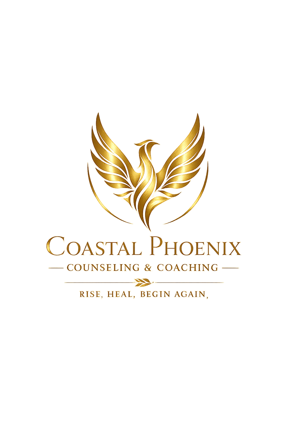 Logo for Coastal Phoenix Counseling & Coaching featuring a gold phoenix with outstretched wings and the tagline "Rise, Heal, Begin Again" on a gold background.