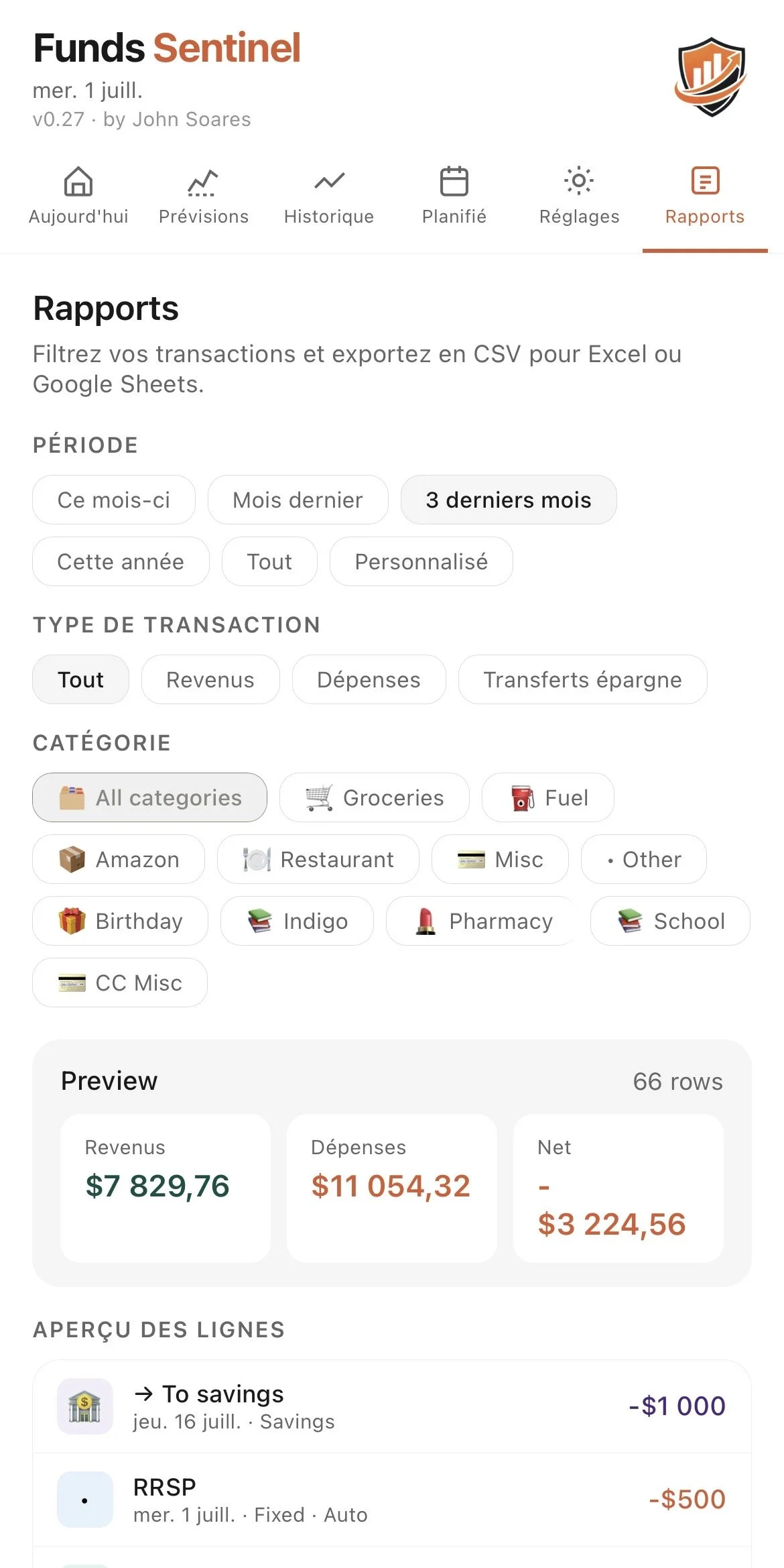 Screenshot of a financial management app called Funds Sentinel showing reports for the last three months, dated July 1st, with various categories including groceries, fuel, Amazon, restaurant, and others. The app displays income, expenses, and net savings, with graphical icons and filters for different time periods and transaction types.