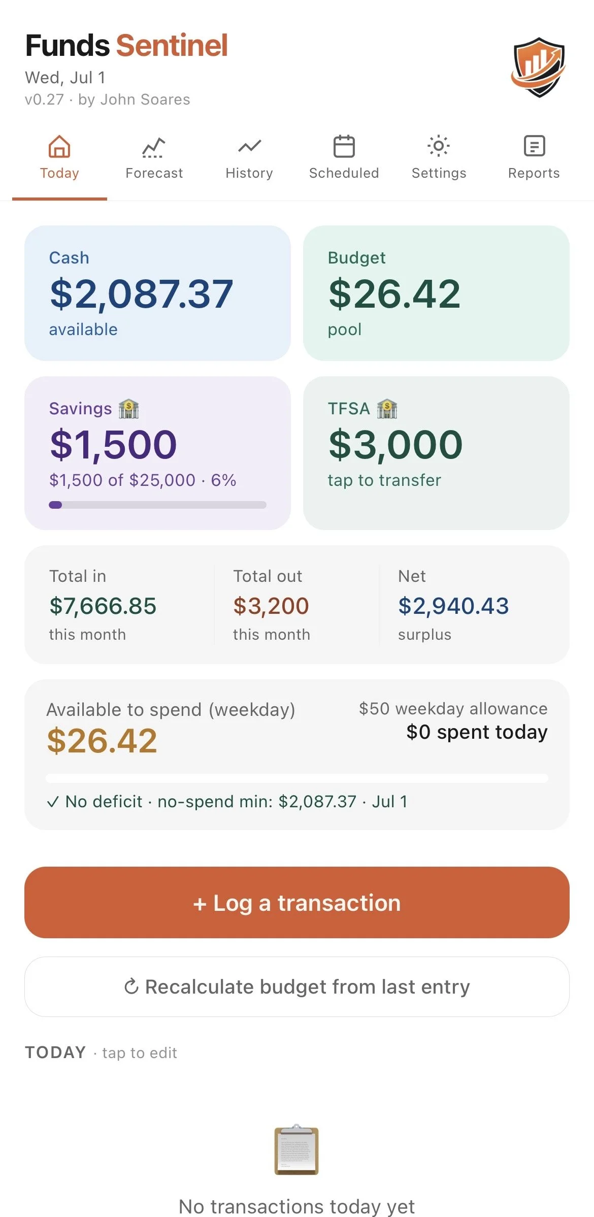 Mobile finance dashboard showing date July 1, company name Funds Sentinel, with sections for Cash available $2,087.37, Budget pool $26.42, Savings $1,500, TFSA $3,000, totals for the month, and options to log transactions and recalculate budgets.