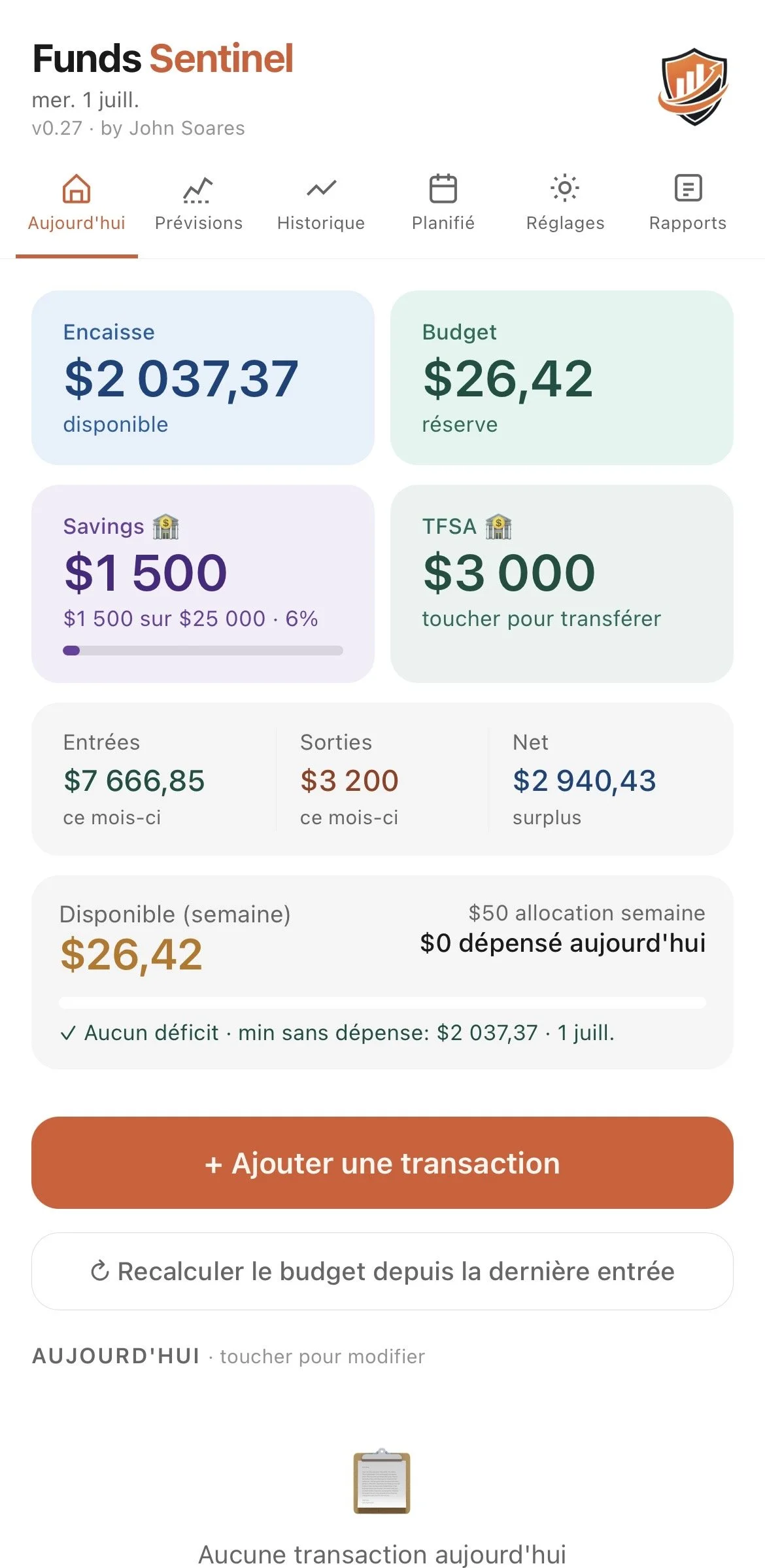 Financial management app dashboard for Funds Sentinel showing budget, income, savings, and transactions for July 1st.