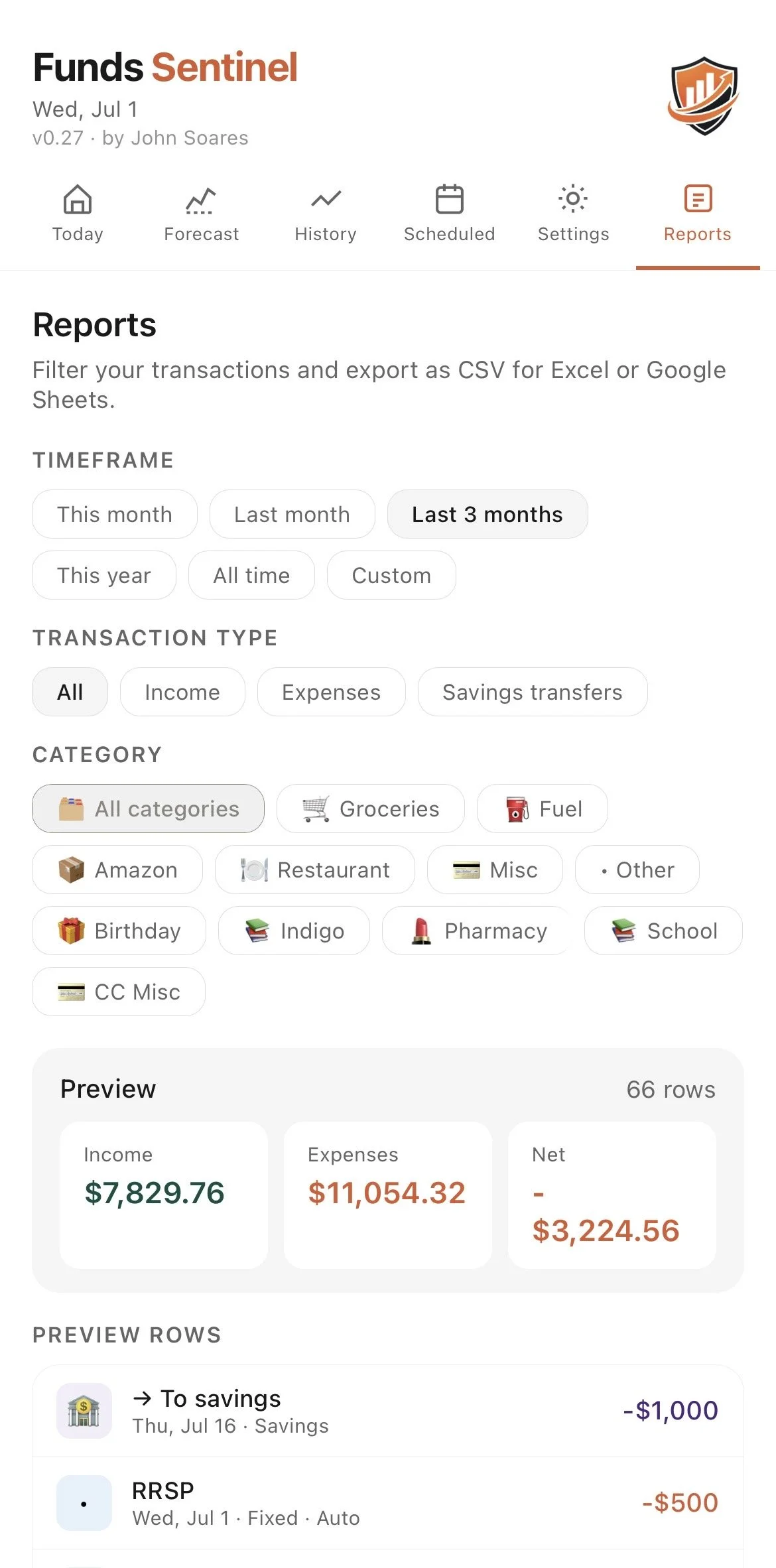 Screenshot of a financial tracking application titled 'Funds Sentinel'. The interface shows a menu with icons for Today, Forecast, History, Scheduled, Settings, and Reports. The Reports section is active, displaying options to filter transactions by timeframe (Last 3 months selected), transaction type, and category, including options such as Groceries, Fuel, Amazon, Restaurant, and others. The preview section shows financial data with income, expenses, and net balance for a selected period.