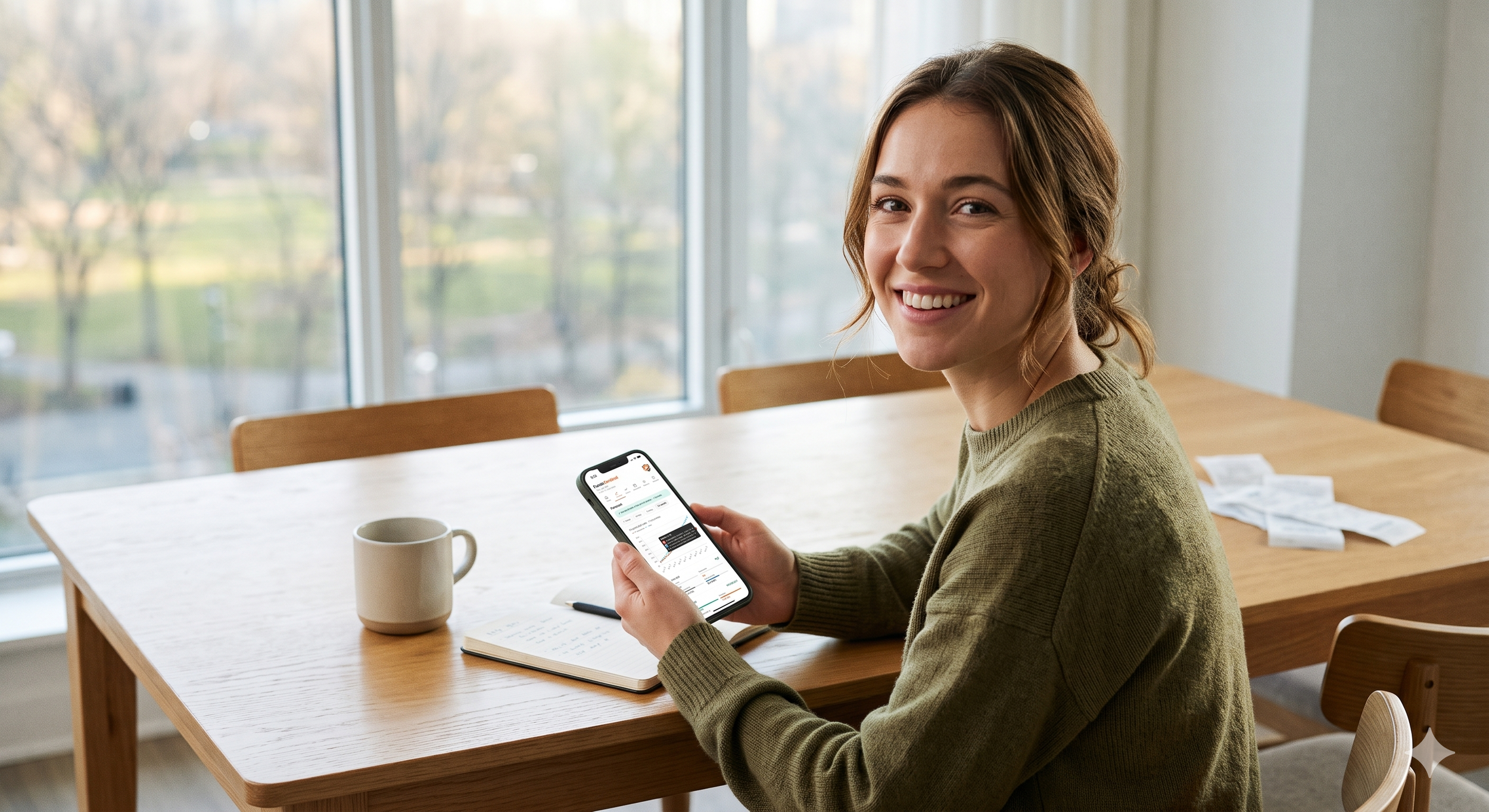 A young woman with light brown hair and a green sweater smiling while looking at her phone in a bright room with large windows and a wooden table.