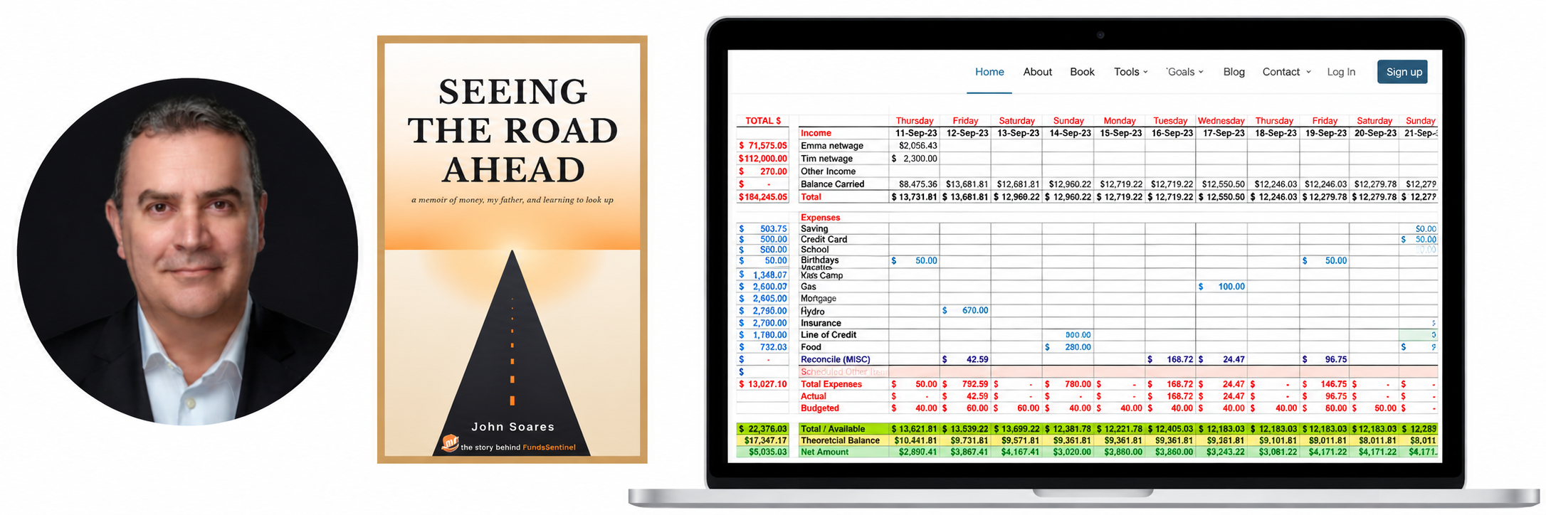 A man in a suit, a book titled 'Seeing the Road Ahead' by John Soares, and a screenshot of a financial spreadsheet on a laptop screen.