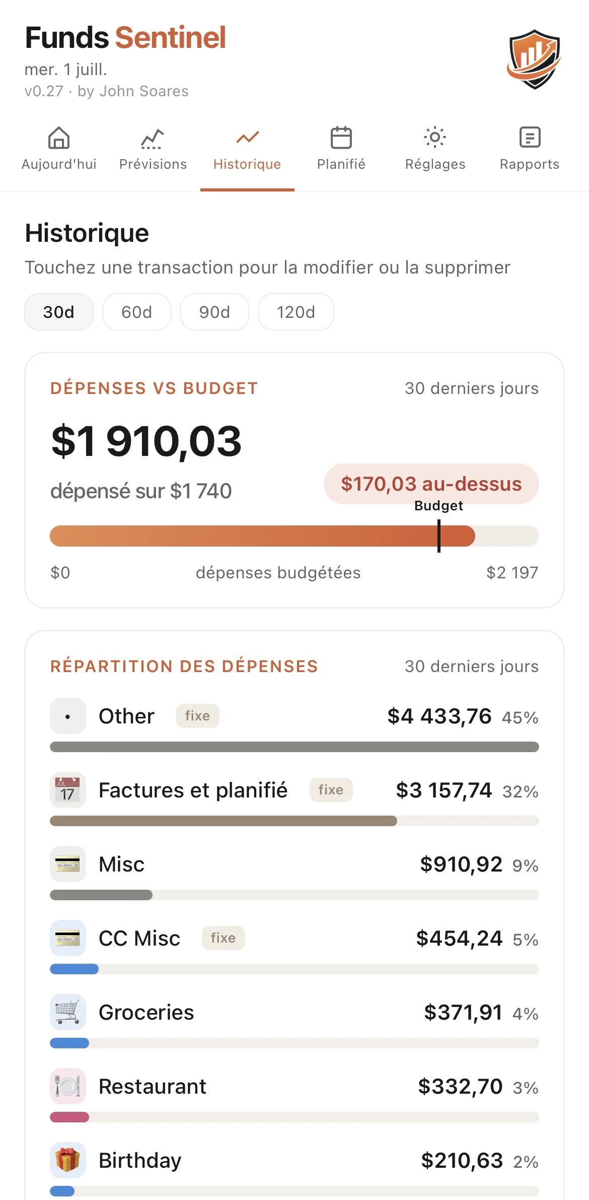 Mobile app interface displaying financial expenses, budget analysis, and expenditure categories in French. Features include transaction history, expense distribution, and budget tracking for 30 days.