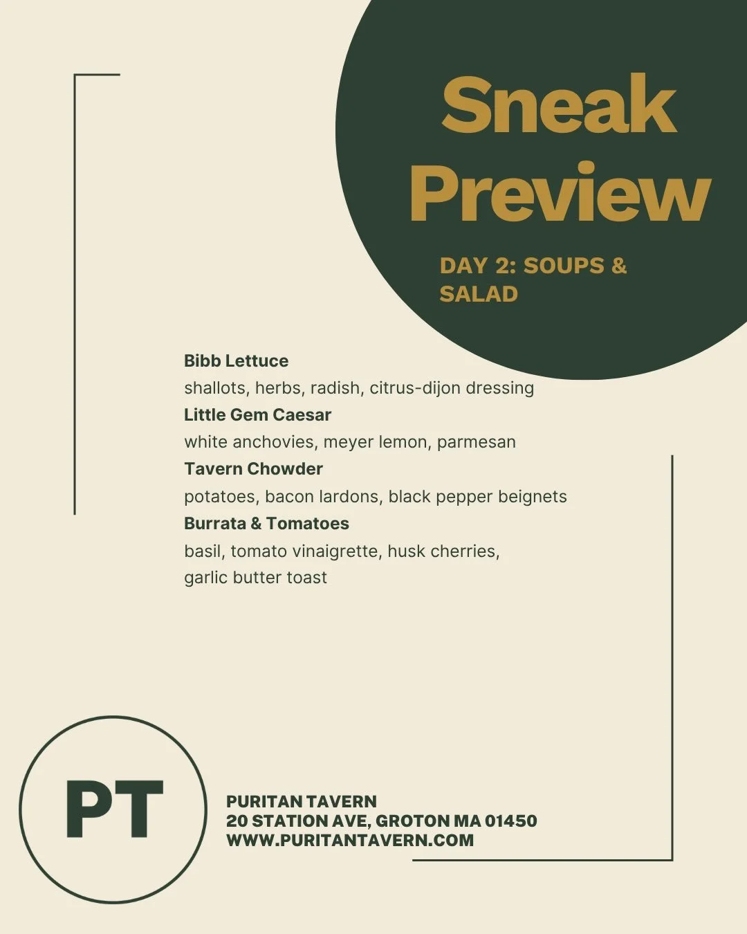 We're getting closer to reservations opening Friday, so let's give 2️⃣ menu previews today! Don't forget, the newsletter gets the info first on reservations - don't miss out! Puritantavern.com to sign up so you can be one of the first to dive into so