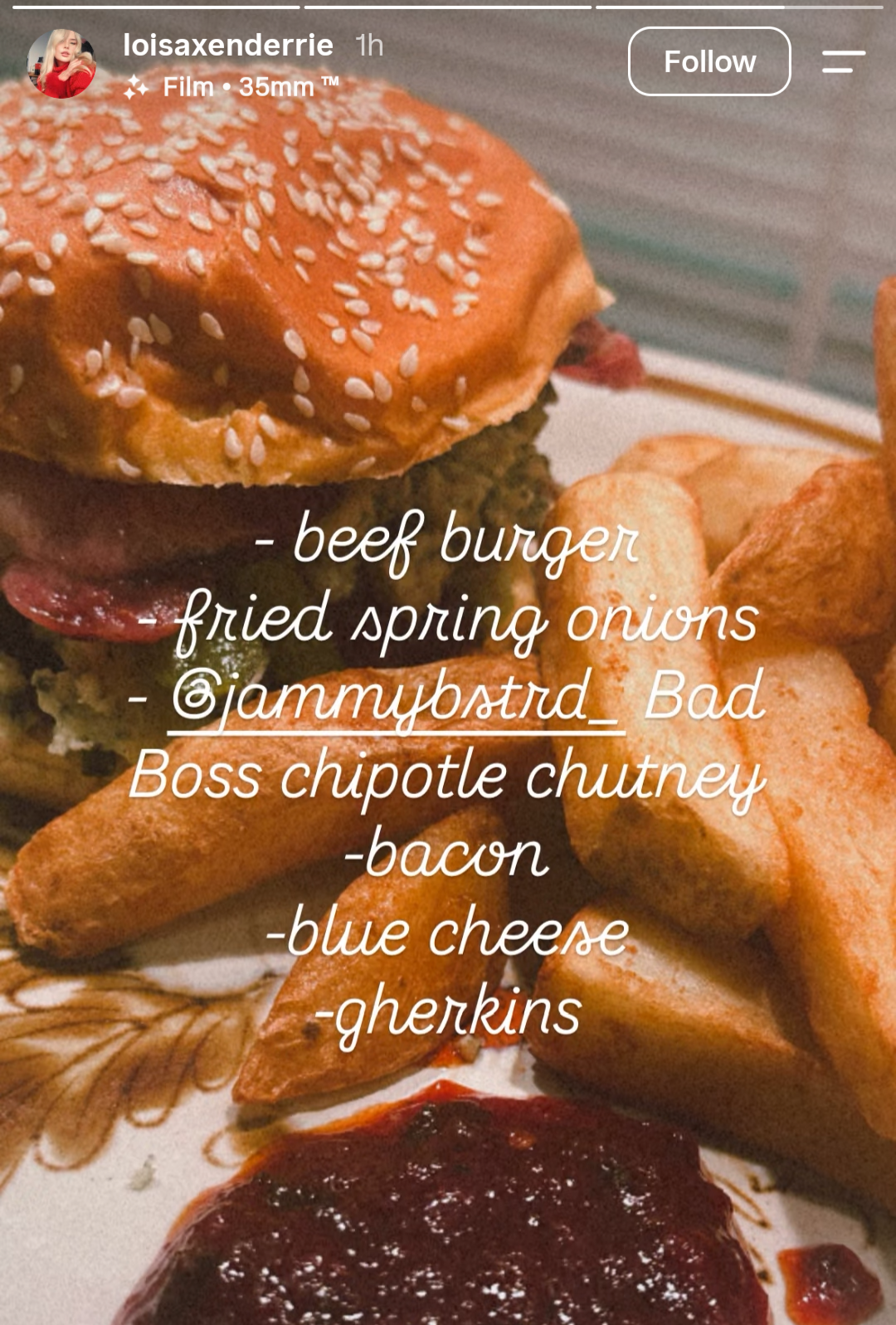 Our friend Lo has taken the humble burger to a new level by adding bacon and blue cheese, as well as fried spring onions. With a dollop of Bad Boss on the side as well to dip the chips in  - we approve 🧀