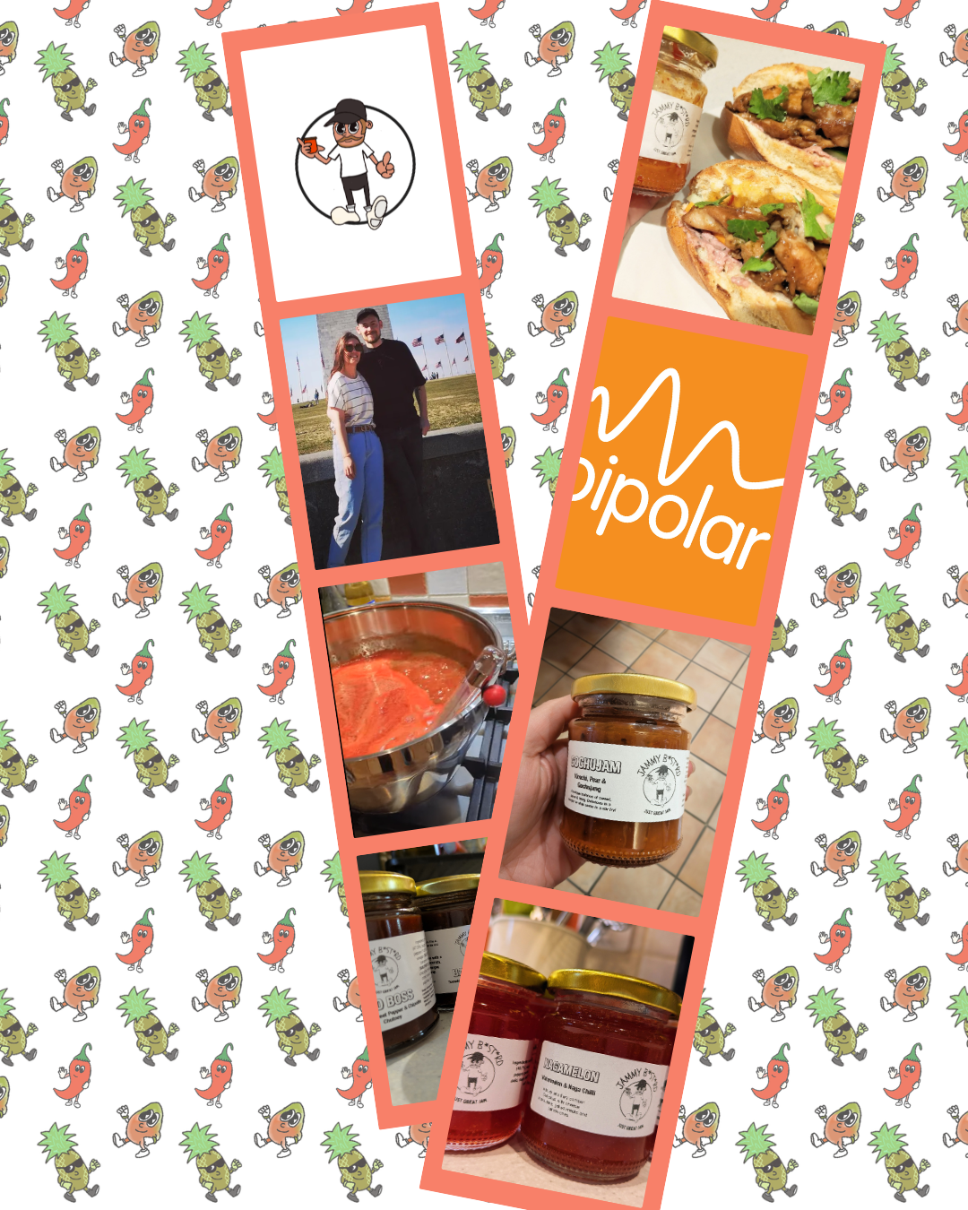 Collage of images including people, food jars, a sandwich, a saucepan with tomato sauce, a logo for 'Dipolar', and a hand holding a jar, on a colorful patterned background with pineapples and chili peppers.