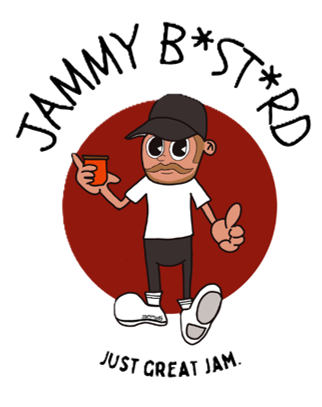 Cartoon illustration of a man with a beard, wearing a cap, white t-shirt, gray pants, and sneakers, holding a mug in one hand and making a peace sign with the other, with the text "JAMMY B*TARD" curved around him and "JUST GREAT JAM" below.