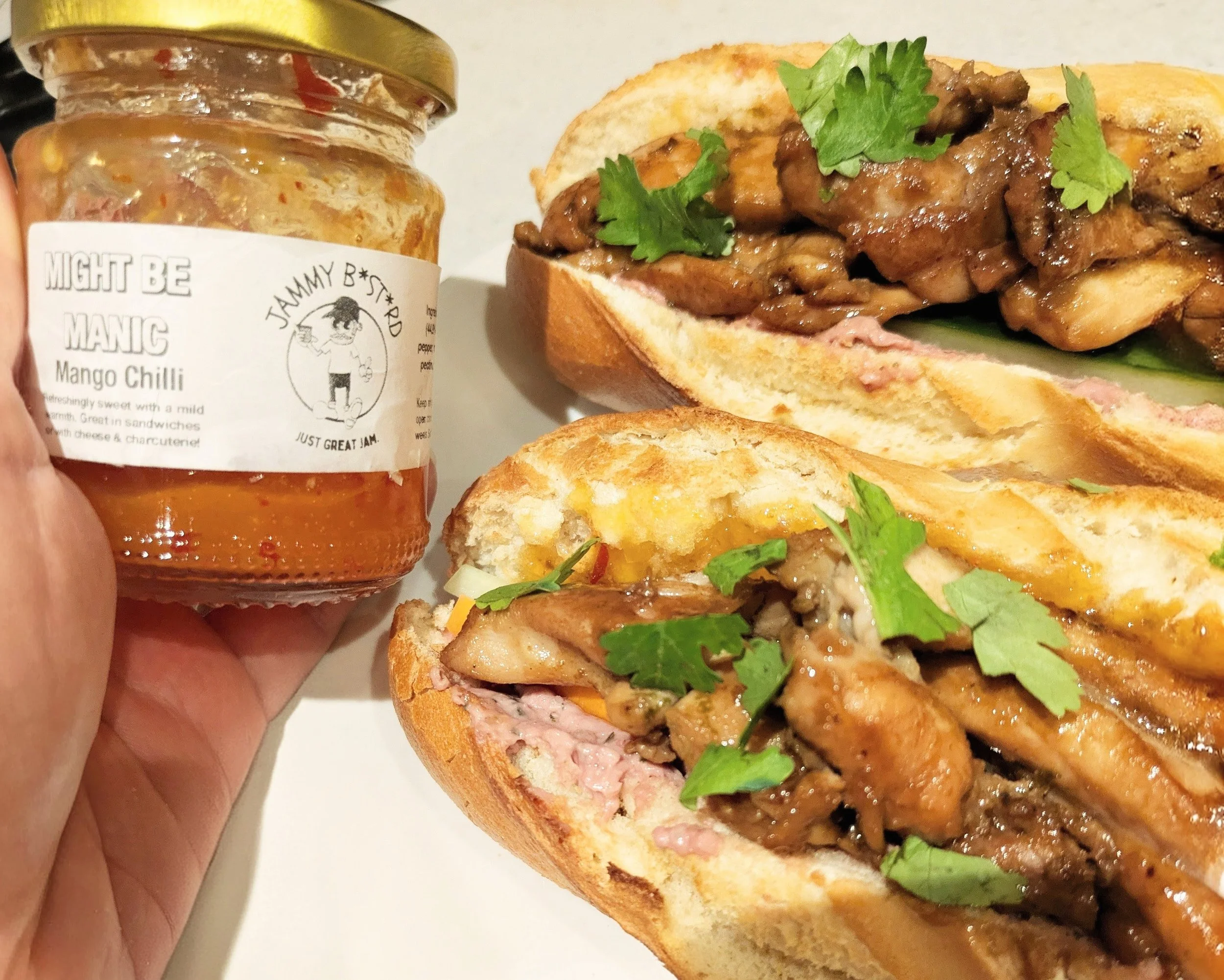 We first had banh mi in a trip to Vietnam in 2018 - it was amazing. We attempt our own anglicised version often, and always use mango chilli for a subtle, sweet hit to complement the soy and garlic in the chicken. ⭐
