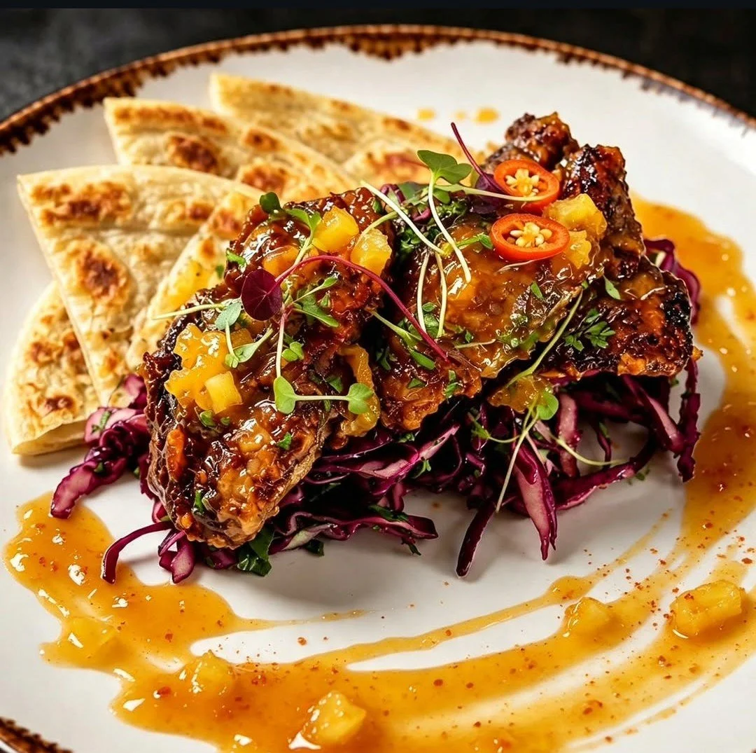 Showing us all up with this incredible dish is Chef Tomek, who we met at Shrivenham Fete. This is a pan seared chicken liver with pineabanero jam and kalamsani juice, red cabbage, pomegranate molasses and paratha bread. To say we are impressed is an 