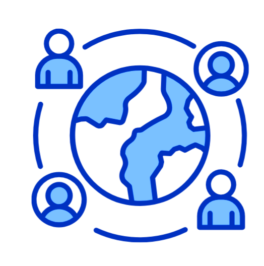 Icon of a globe with four blue human figures around it, connected by lines, representing global connection or communication.