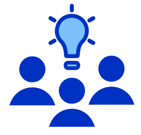 Icon of a light bulb above three people icons, representing ideas or brainstorming.