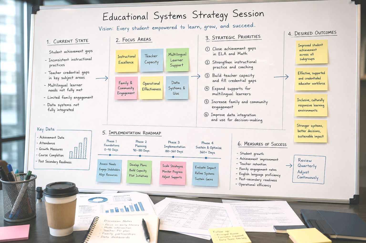 Whiteboard with an educational strategy session plan including sections on current state, focus areas, strategic priorities, desired outcomes, implementation roadmap, measures of success, and key data, with colorful sticky notes in yellow, pink, green, and blue.