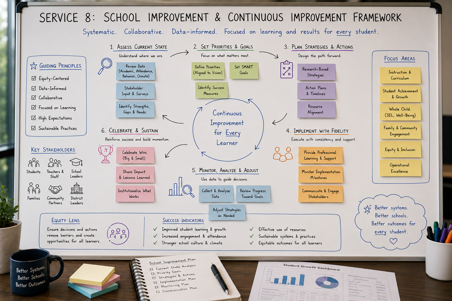Whiteboard with a school improvement framework, including steps for assessing, setting goals, planning, implementing, monitoring, and celebrating progress, with sections on guiding principles, key stakeholders, focus areas, success indicators, and quotes emphasizing continuous improvement for learners.