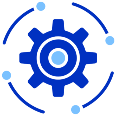 Blue gear with orbiting circles around it on a black background.