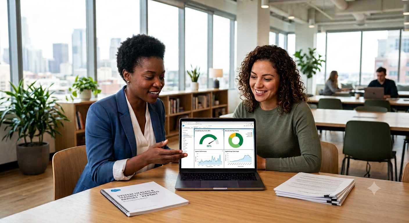 Colleagues reviewing reports on a laptop in a modern office