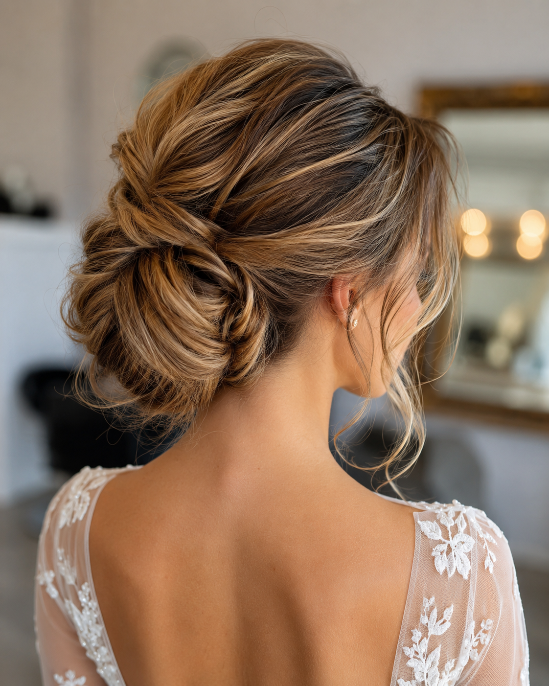Nahaufnahme eines eleganten, gestylten Damenhaares mit Locken und Zopf, sichtbar von hinten, in einer eleganten Umgebung.