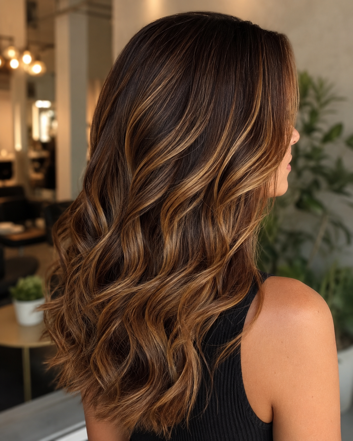 Haarstil mit braunen, blonden und goldenen Highlights in lockeren Wellen.