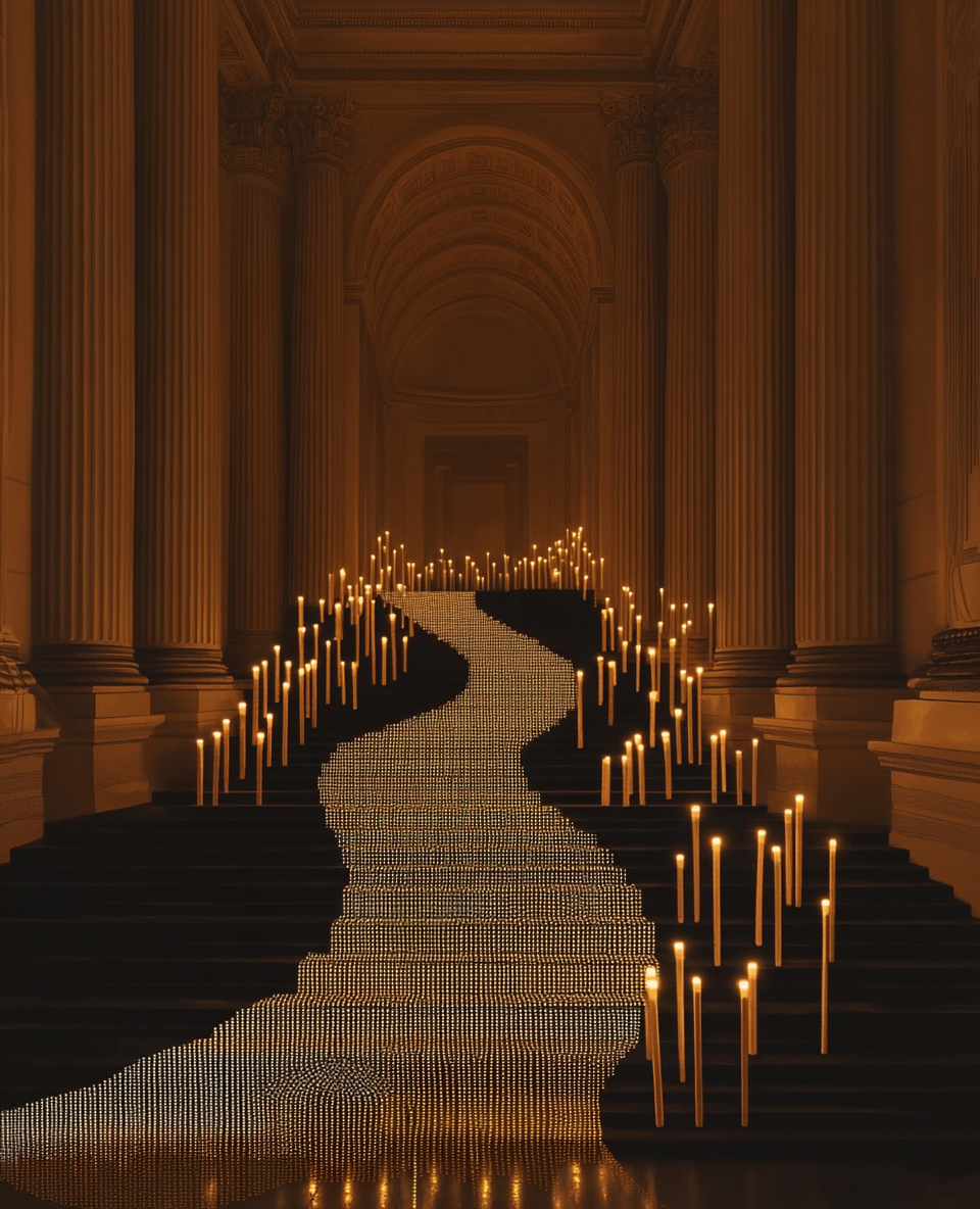 A grand staircase in a historic building with tall columns and intricate architectural details, illuminated by numerous candles. The staircase features a winding, illuminated rug-like pattern leading upward.