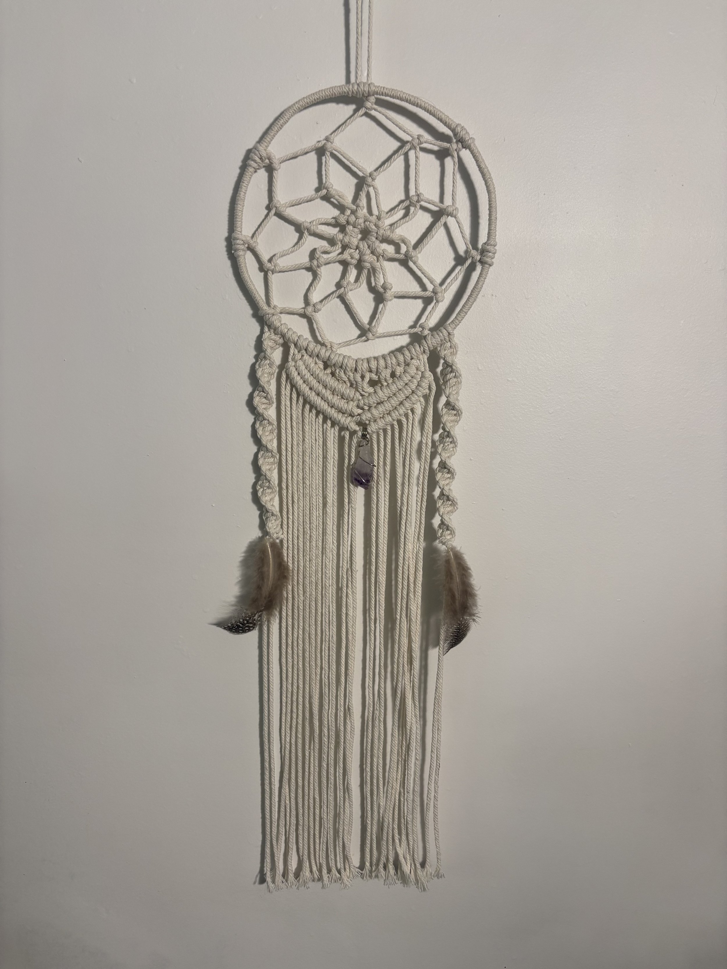 Amethyst Dreamcatcher
(7" x 24")
Dreamcatcher featuring an amethyst crystal at its center and decorative feathers on each side. Inspired by natural beauty and traditional dreamcatcher designs, this piece is beautiful for bedrooms, meditation spaces, 