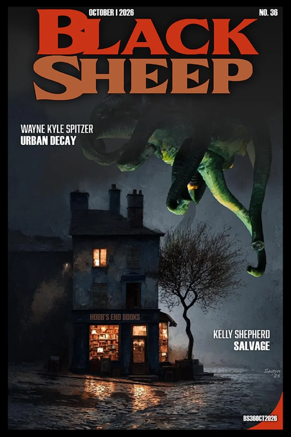 Magazine cover for Black Sheep, October 2026 issue, featuring a dark, eerie scene with a large, menacing green sheep hovering over a haunted house with lit windows and a leafless tree, with the title in bold red and brown letters.