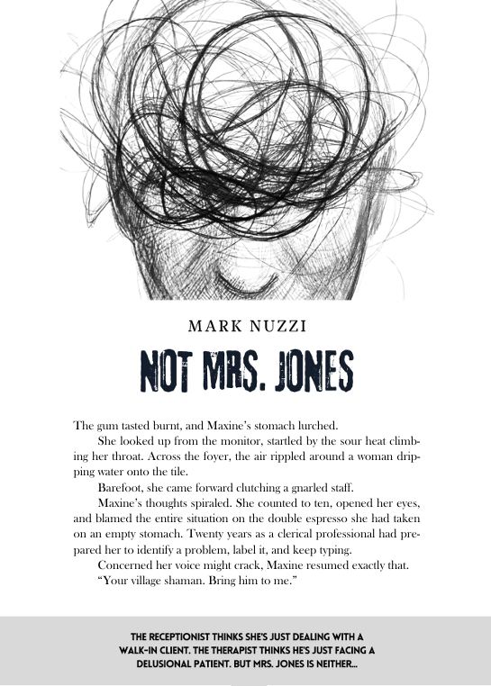 The cover page of a book titled 'Not Mrs. Jones' by Mark Nuzzi features a sketch of a woman's head with chaotic, scribbled hair.