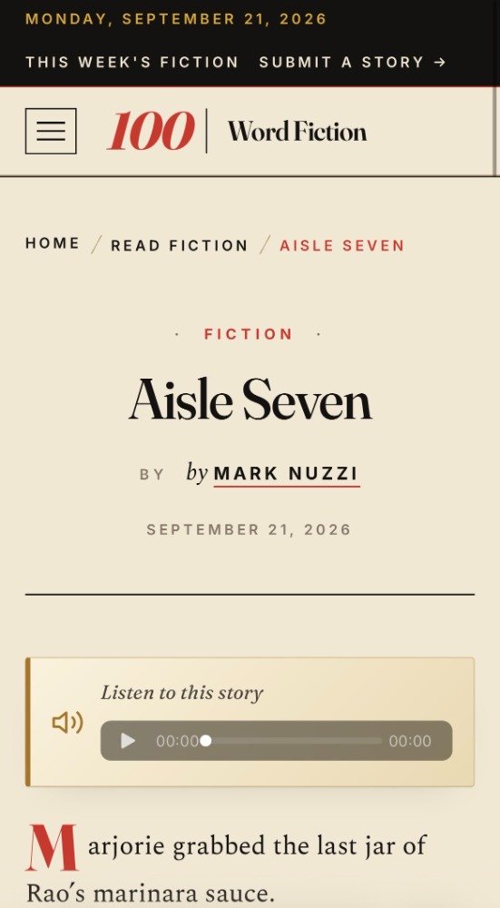 Screenshot of a webpage from The New York Times, dated Monday, September 21, 2026, featuring a story titled "Aisle Seven" by Mark Nuzzi, in the fiction section, with an audio player for listening to the story.