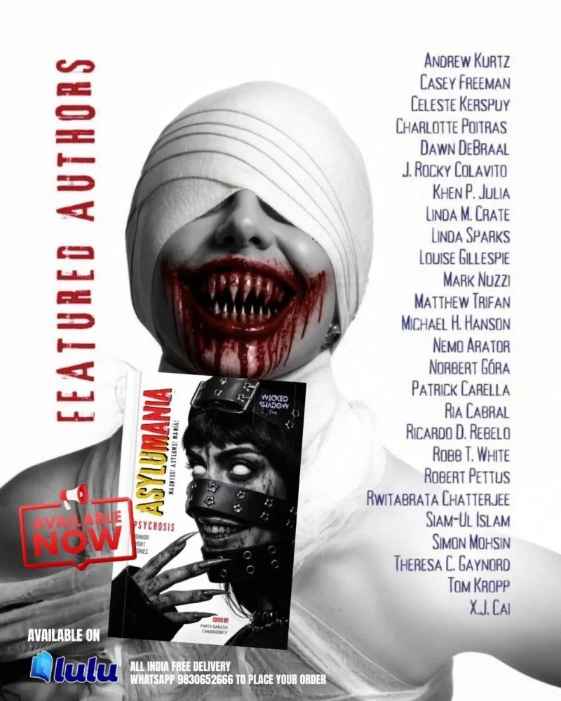 Book cover for 'Fear of the Authorities,' featuring a black-and-white image of a person with a white cloth wrapped around their head, blood-stained mouth with sharp teeth, and a smaller image of another person with handcuffs over their eyes. The book is titled 'Psychosynmania: Psychosis' and is available on Lulu with free delivery in India.