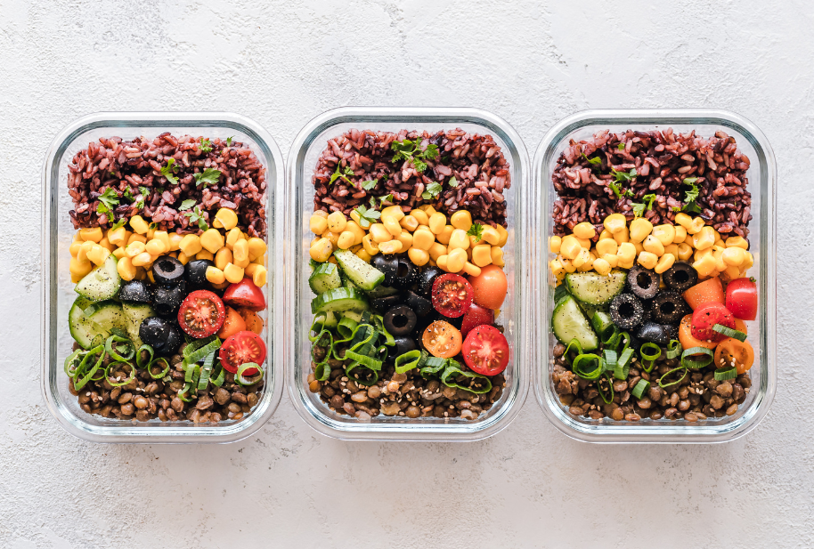 Prepared meals with grains, vegetables, and beans