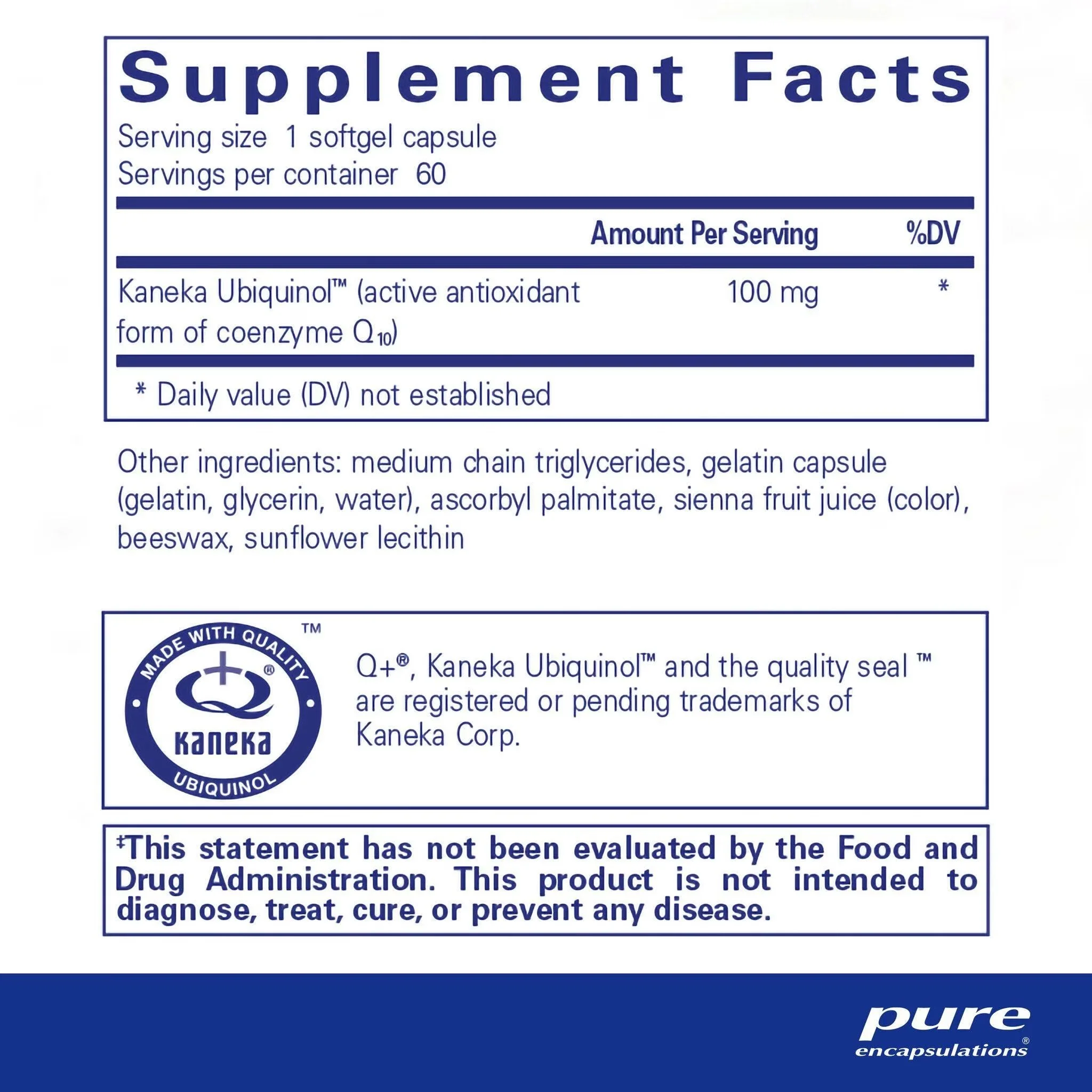 Pure Encapsulations Ubiquinol-QH 100 mg Kaneka Ubiquinol softgels for cellular energy, cardiovascular wellness and antioxidant support.