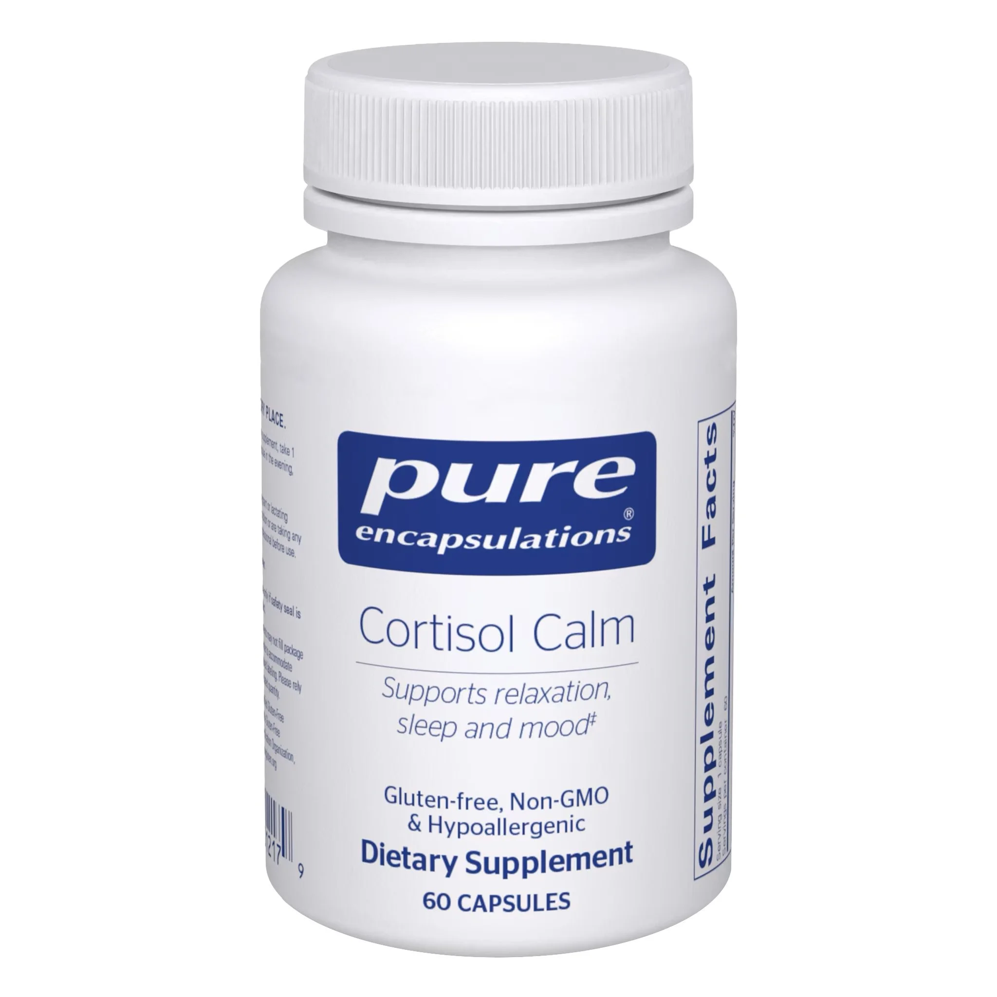 Pure Encapsulations Cortisol Calm capsules with Sensoril ashwagandha, rhodiola, magnolia bark and L-theanine for relaxation, sleep and stress support.