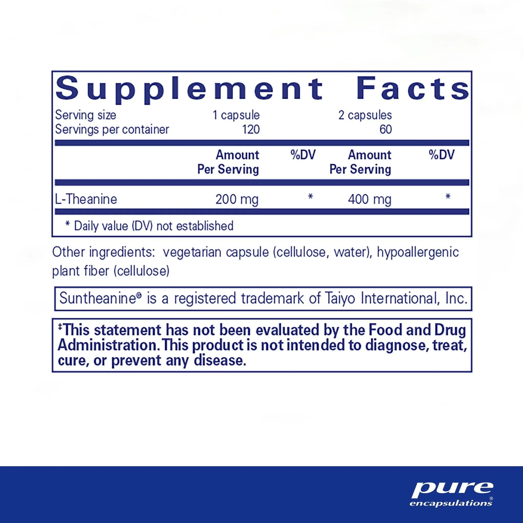 Pure Encapsulations L-Theanine vegan capsules with 200 mg of Suntheanine for relaxation, calm focus and occasional stress support.