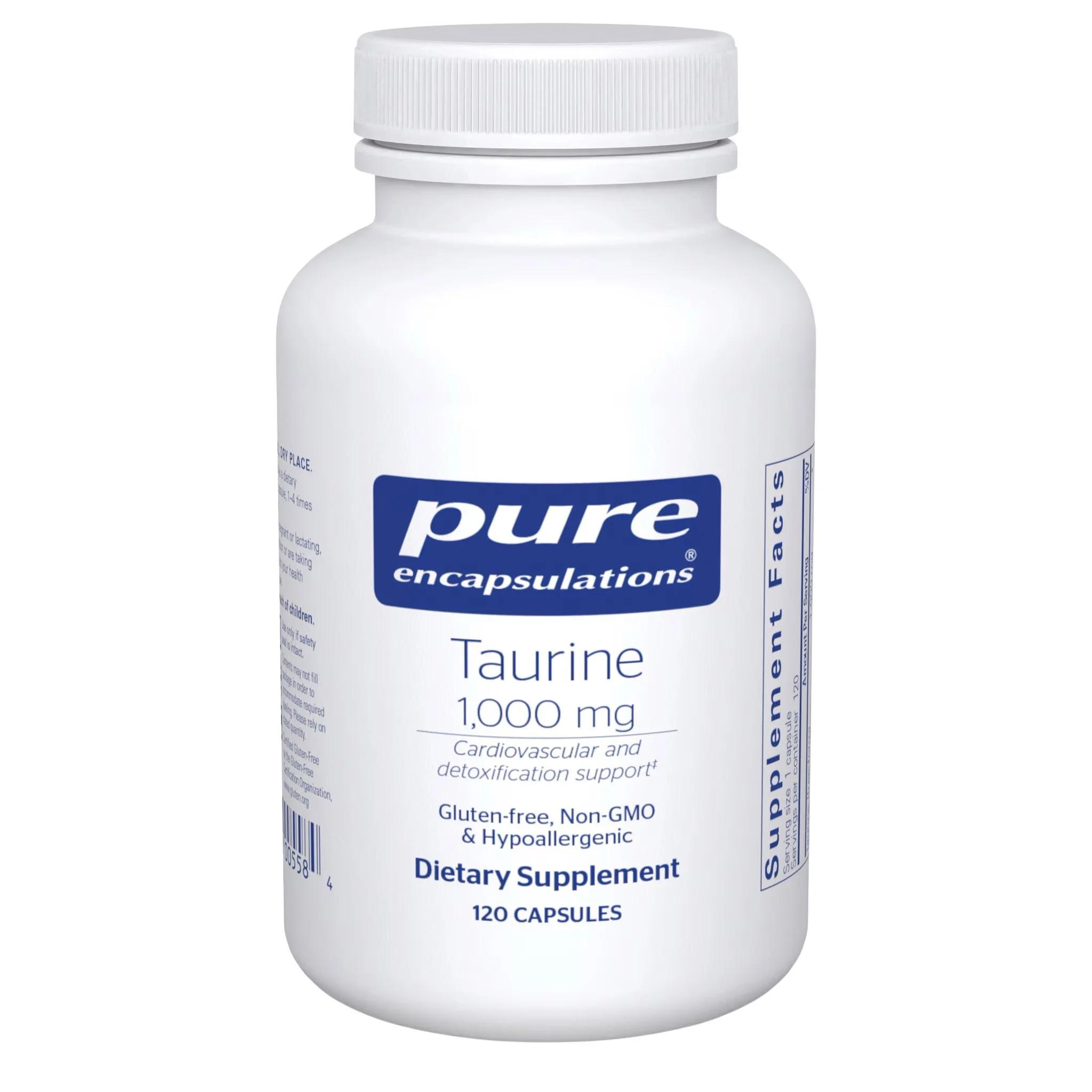 Pure Encapsulations Taurine 1,000 mg vegan capsules for cardiovascular function, cellular hydration, muscle health and healthy-aging support.