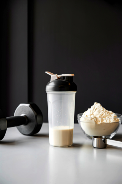 Protein shaker, powder and dumbbell