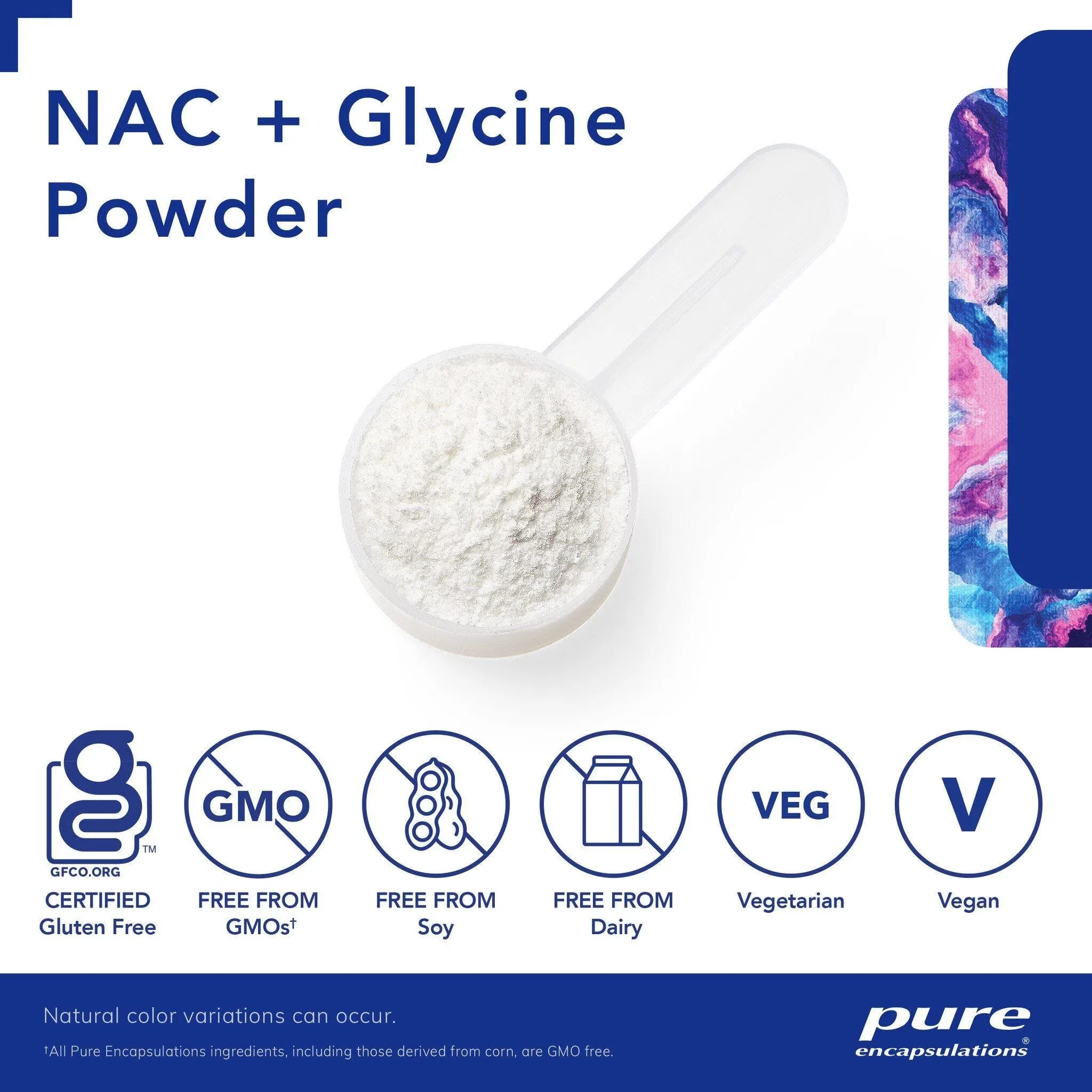 Pure Encapsulations NAC + Glycine peach-ginger powder with 1.8 grams each of NAC and glycine for glutathione, antioxidant and healthy-aging support.