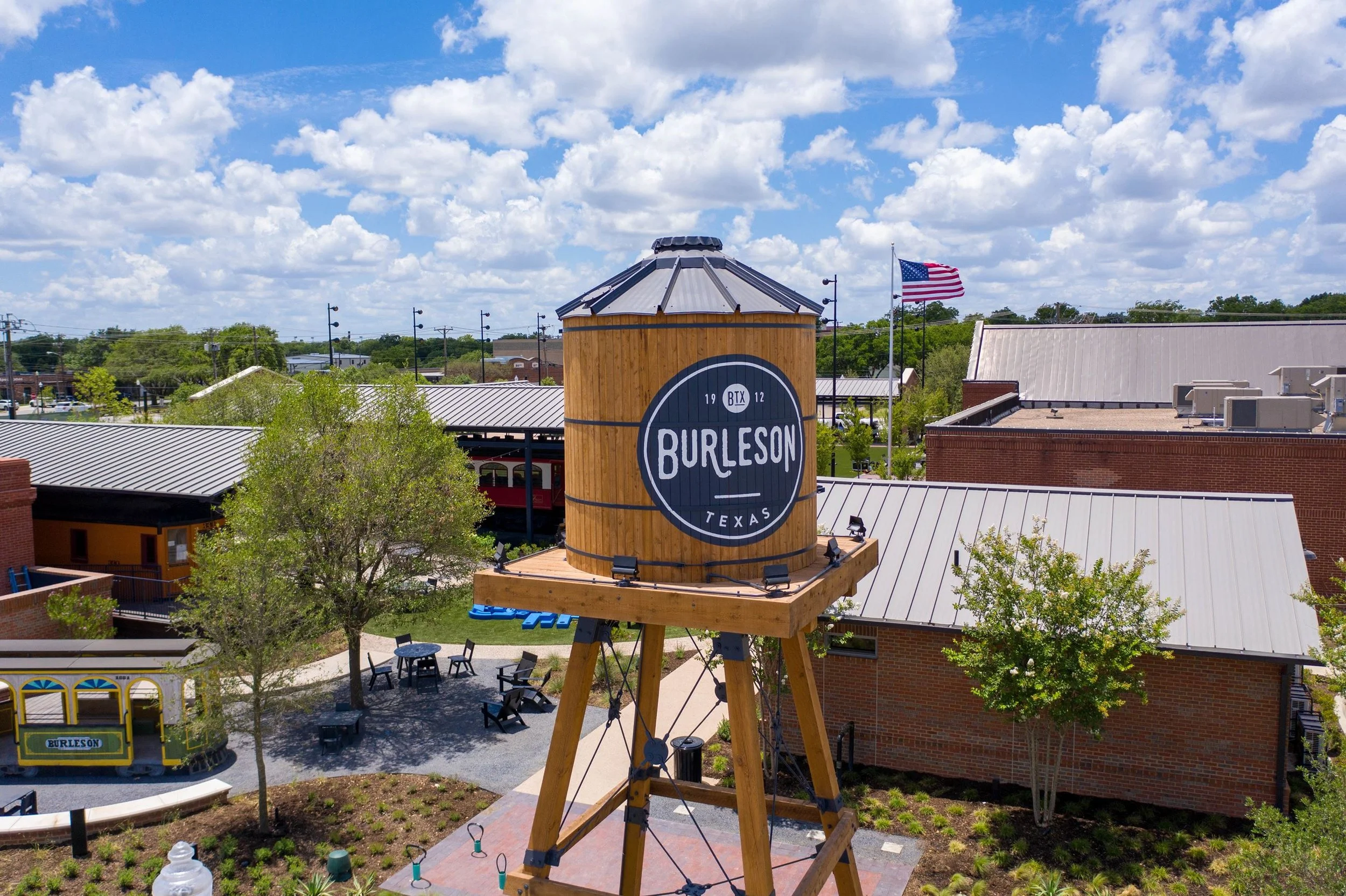 Burleson, Texas water tower and surrounding downtown area