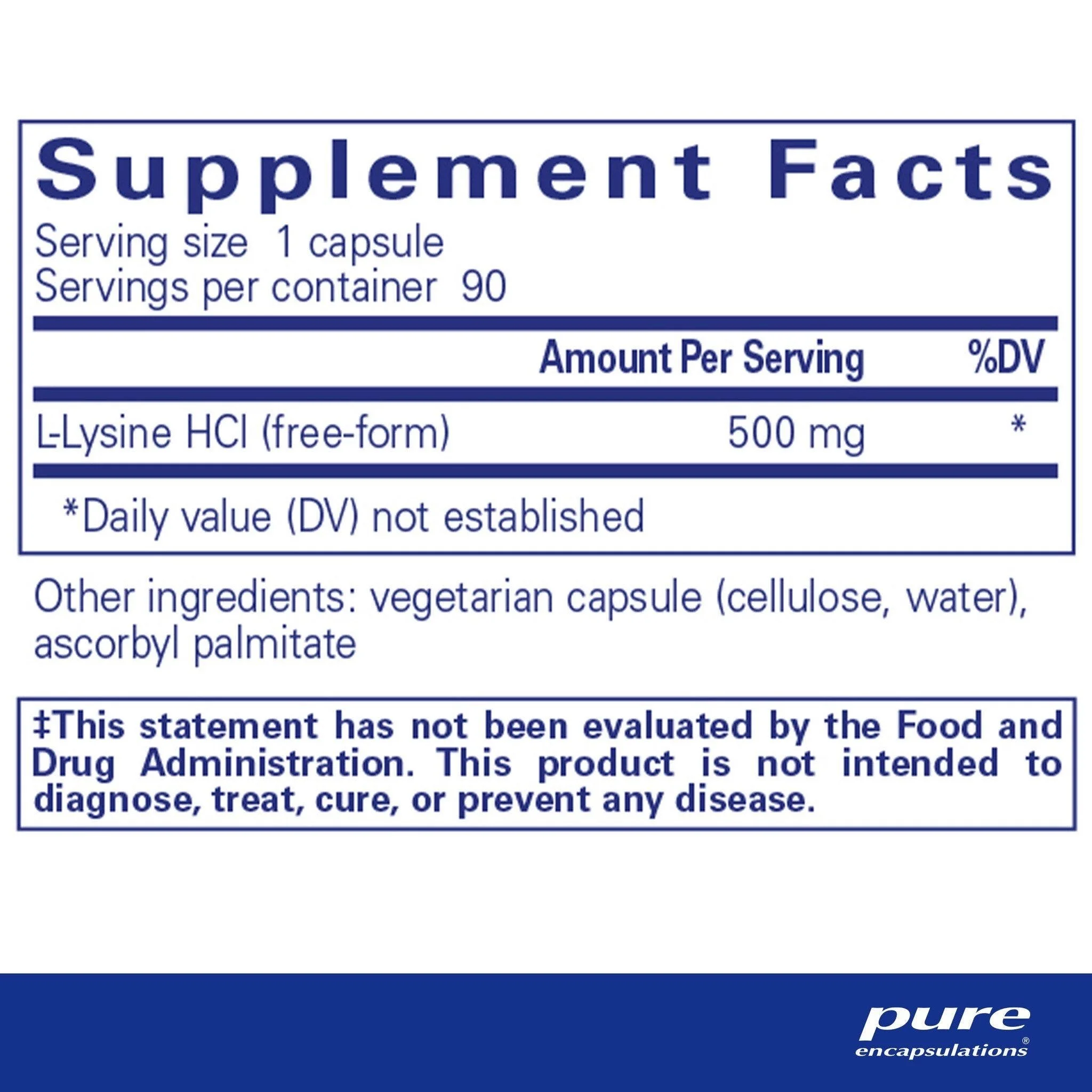 Pure Encapsulations L-Lysine vegan capsules with 500 mg of fermented L-lysine HCl for immune, protein and connective-tissue support.