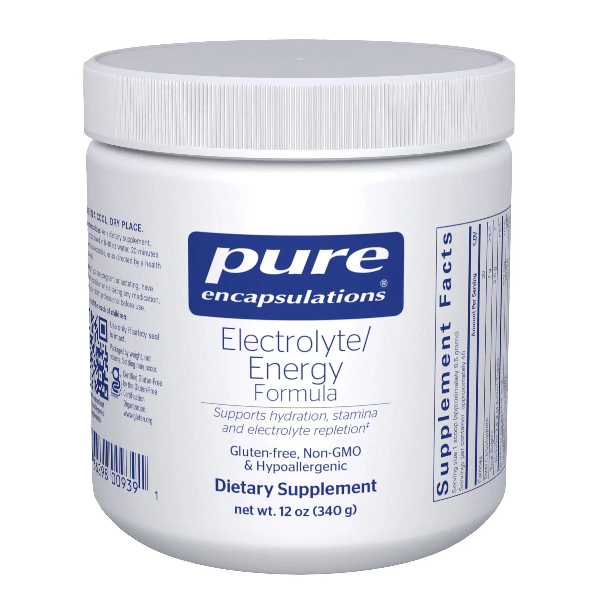 Pure Encapsulations Electrolyte/Energy Formula lemon-lime powder with sodium, potassium, magnesium, calcium and chloride for hydration and exercise stamina.