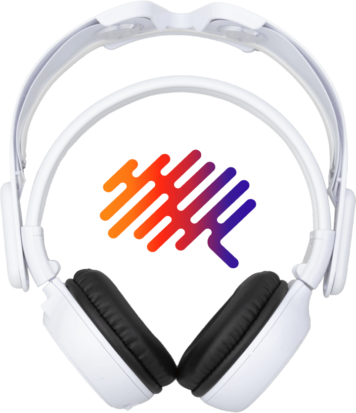White BrainTap headset with black padded earphones.