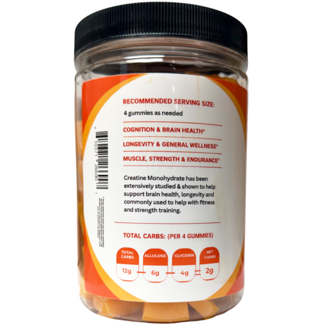 Primo Vibes Creatine Gummies with 5 g of creatine monohydrate per serving. Vegan, low-sugar orange gummies for strength, recovery and healthy aging.