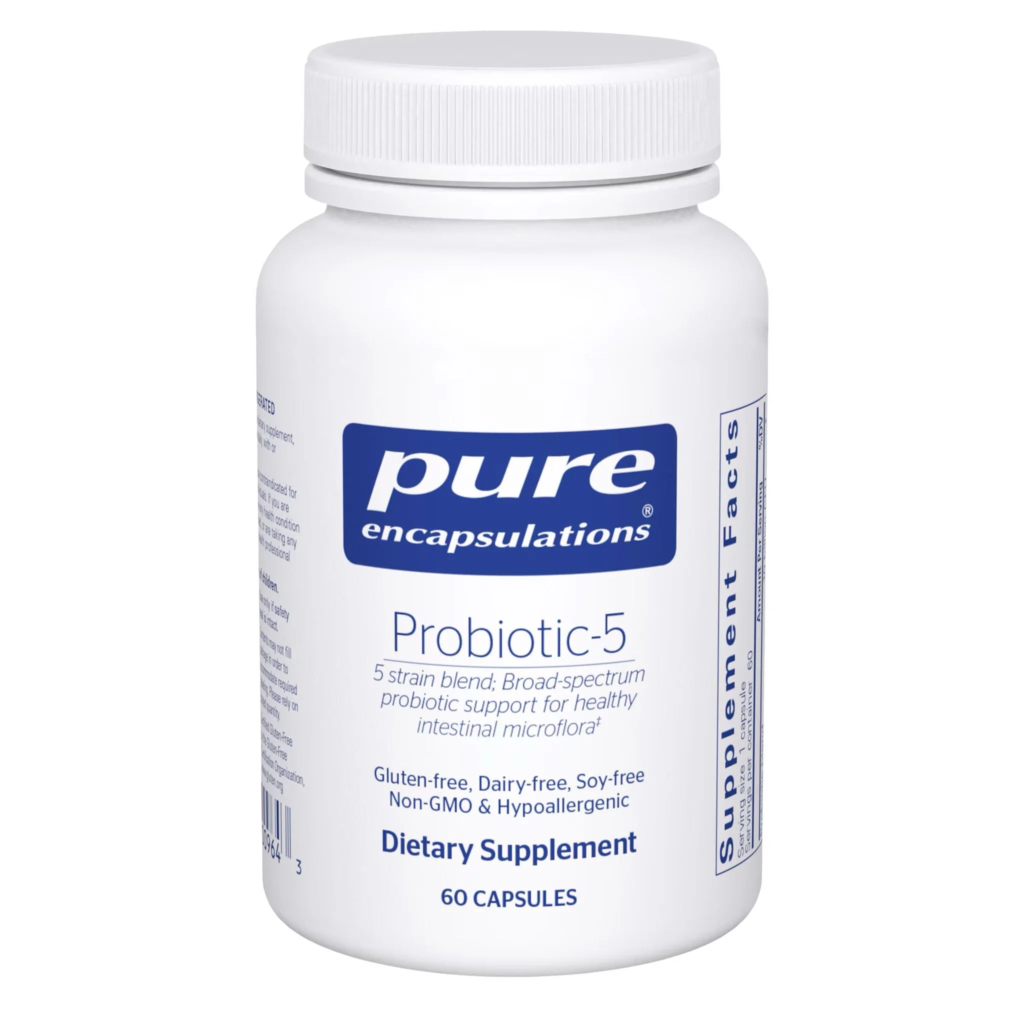 Pure Encapsulations Probiotic-5 refrigerated vegetarian capsules with 10 billion CFU from five strains for gut, digestive and immune support.