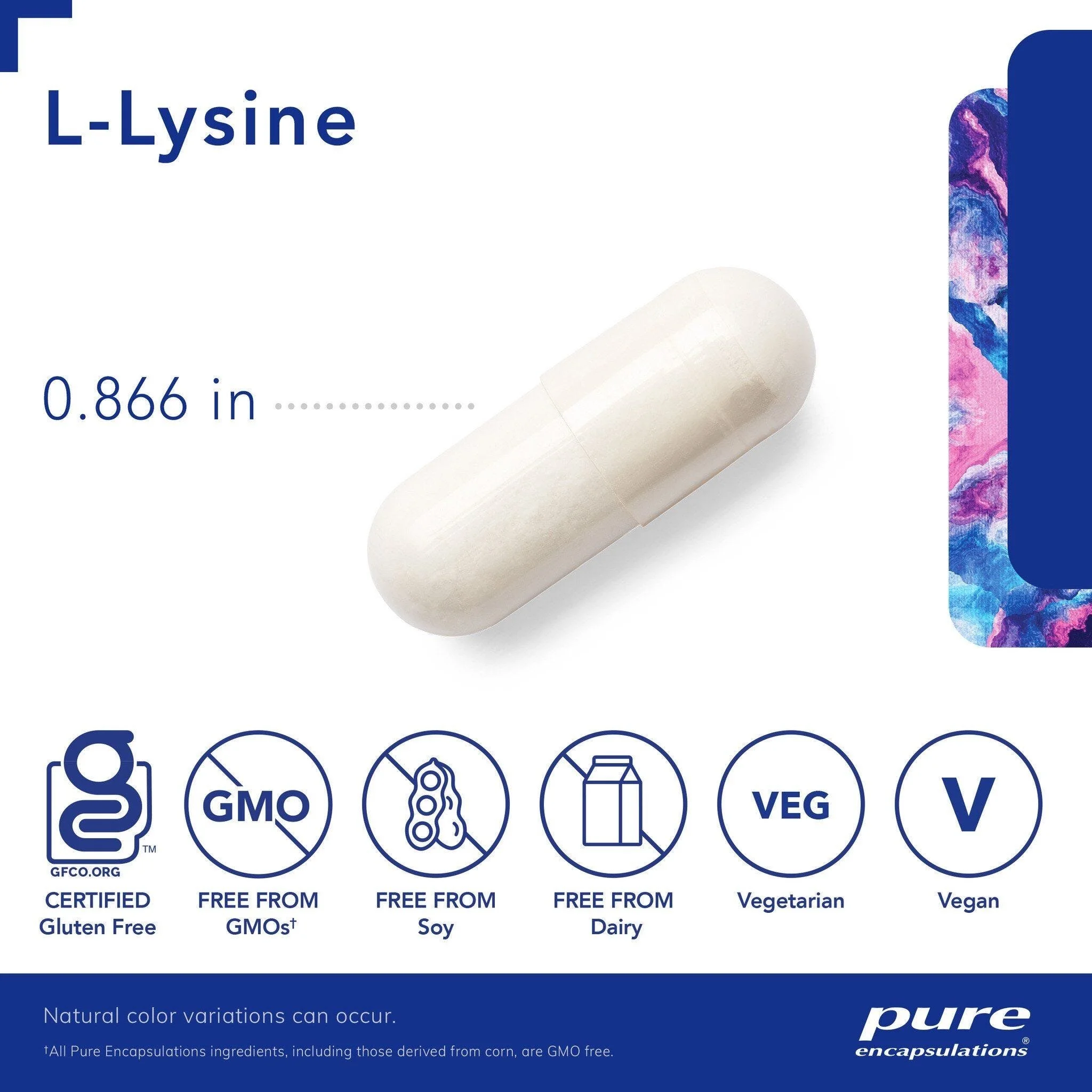 Pure Encapsulations L-Lysine vegan capsules with 500 mg of fermented L-lysine HCl for immune, protein and connective-tissue support.