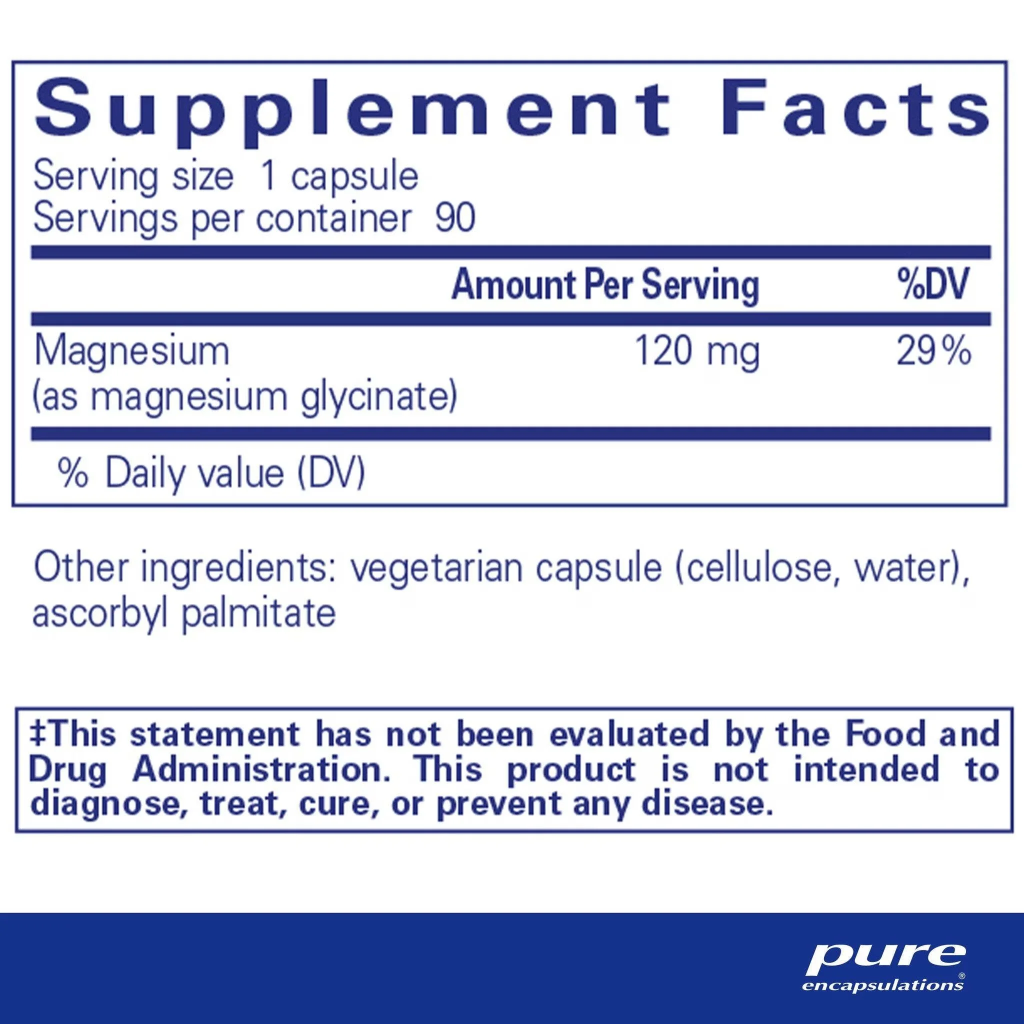 Pure Encapsulations Magnesium Glycinate vegan capsules with 120 mg of highly bioavailable magnesium per capsule for muscle, nerve and energy support.