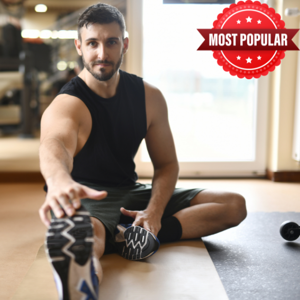 Man stretching at the gym for the Optimize Membership, marked Most Popular
