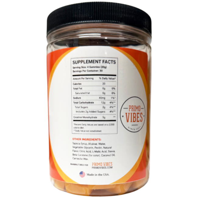 Primo Vibes Creatine Gummies with 5 g of creatine monohydrate per serving. Vegan, low-sugar orange gummies for strength, recovery and healthy aging.
