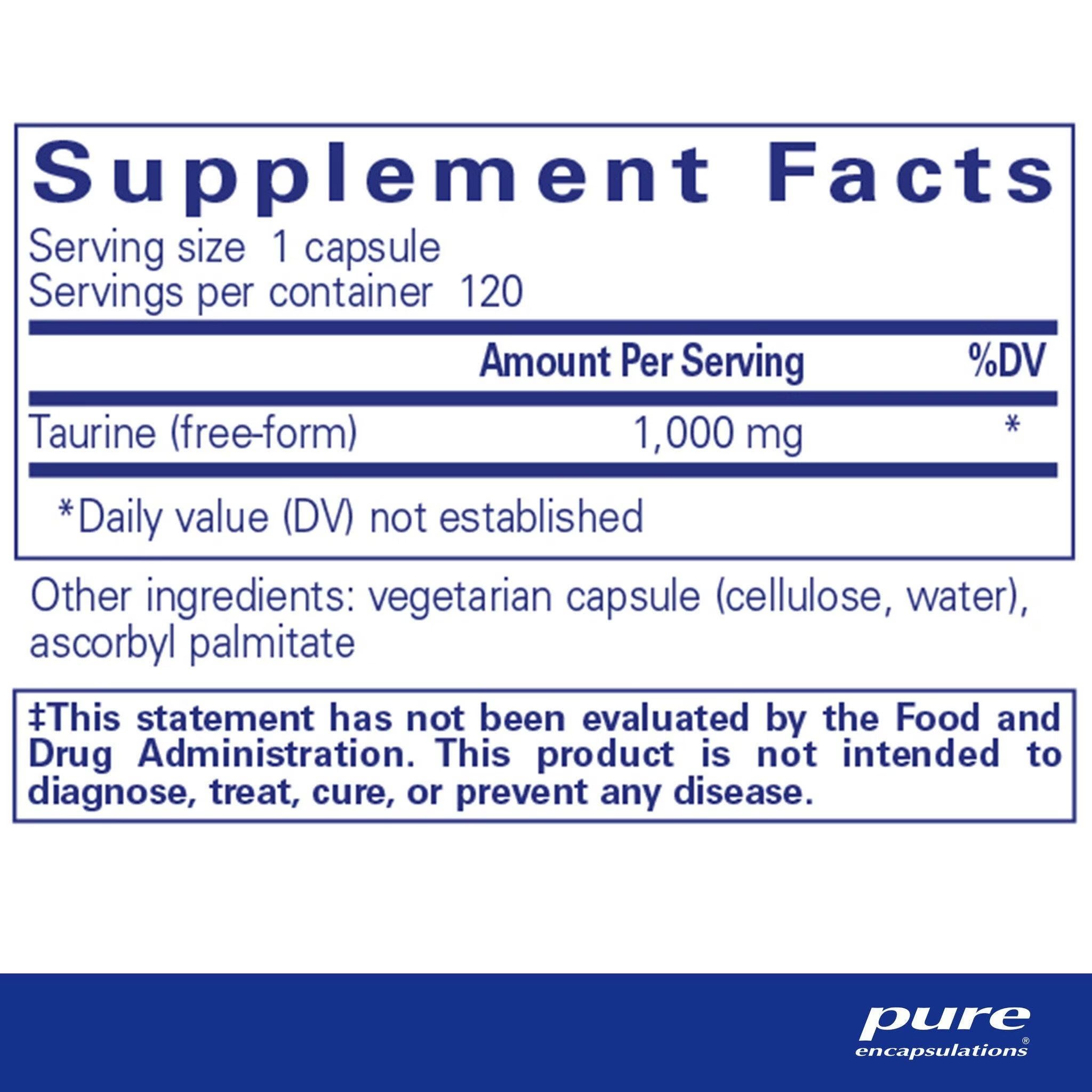 Pure Encapsulations Taurine 1,000 mg vegan capsules for cardiovascular function, cellular hydration, muscle health and healthy-aging support.