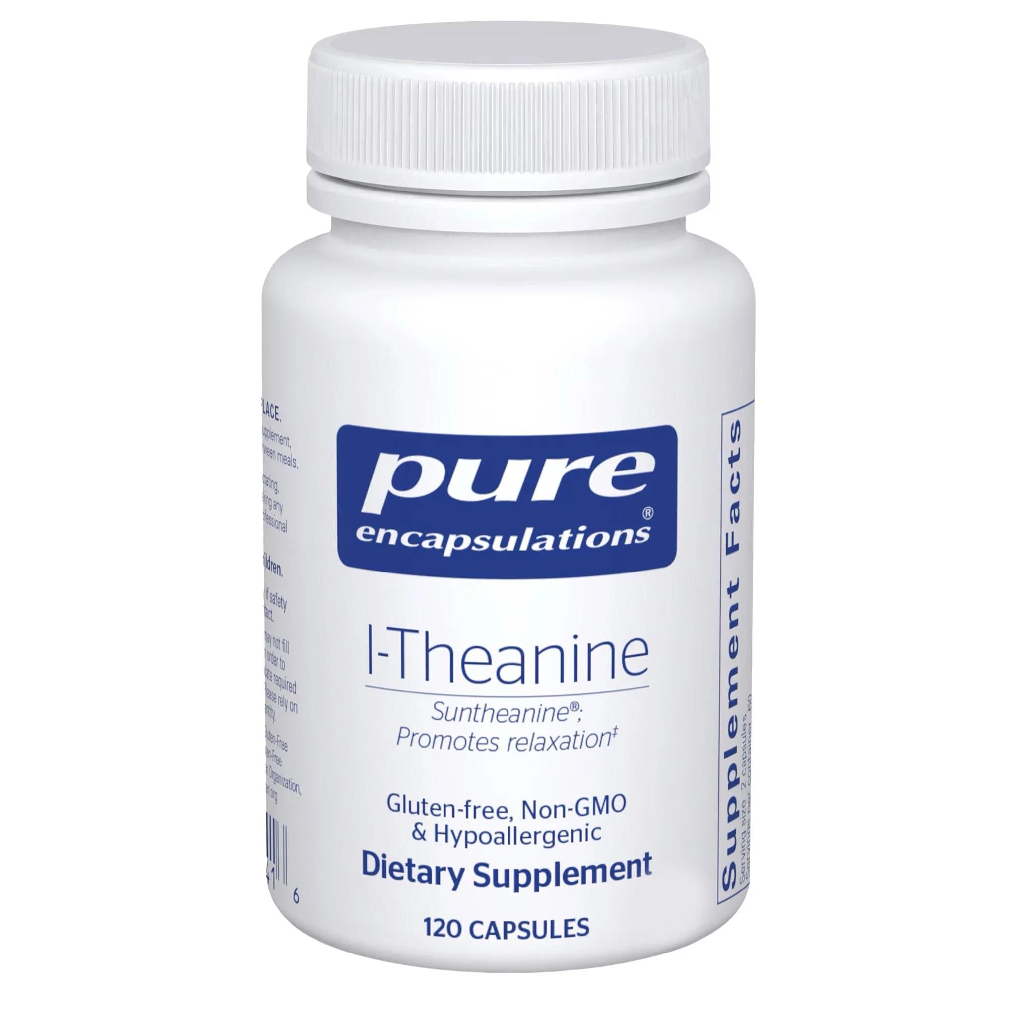 Pure Encapsulations L-Theanine vegan capsules with 200 mg of Suntheanine for relaxation, calm focus and occasional stress support.